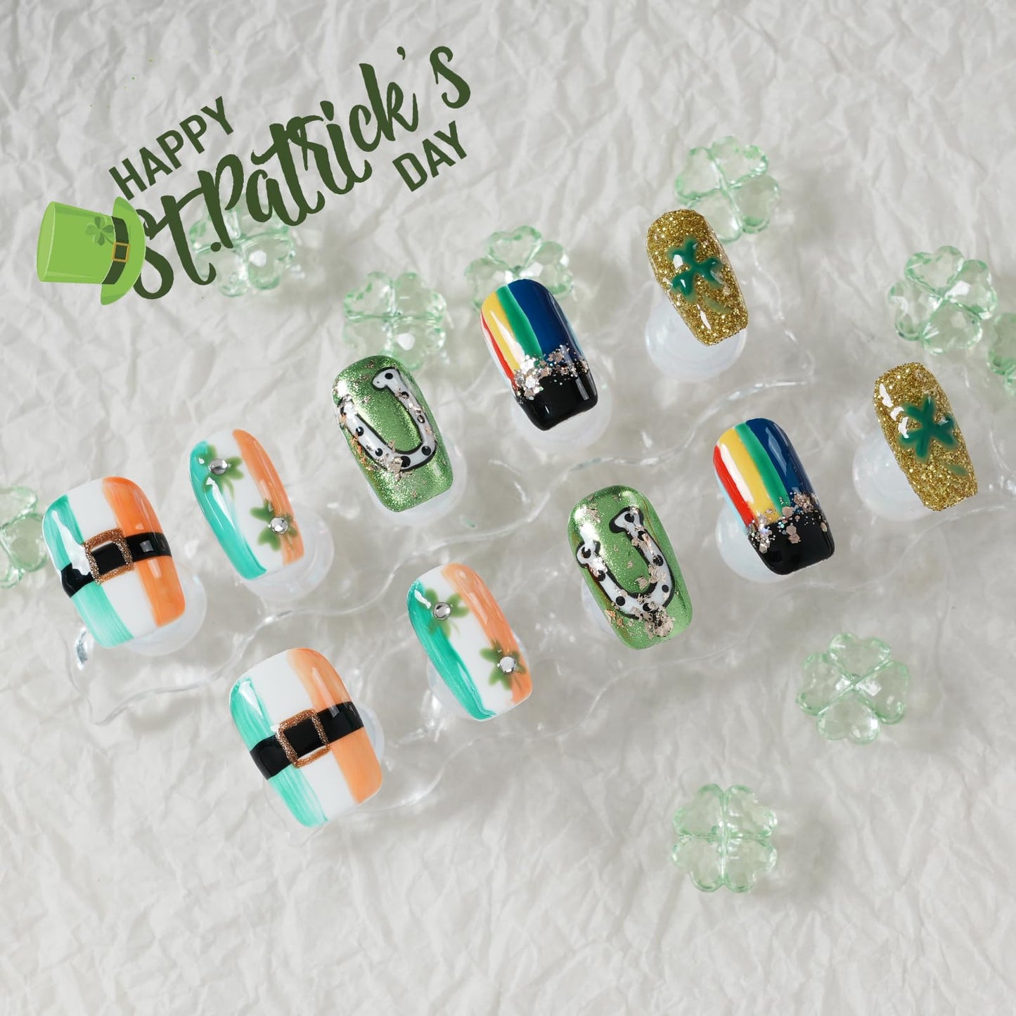 Tesytto Medium Square Press on Nails - Irish Flag Green White Orange Nails with Lucky Shamrock & Belt Design, Rainbow & 3D Gold Glitter Spring Summer Fake Nails (Size S)