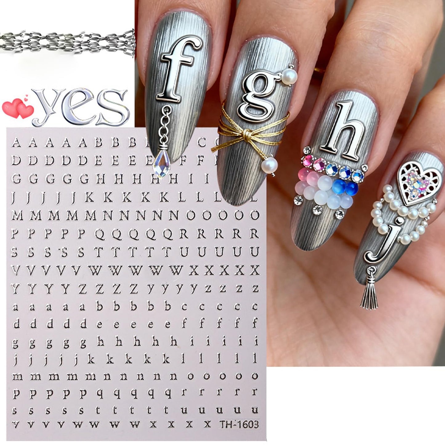 6 Sheets Letters and Numbers Nail Art Stickers 3D Self-Adhesive Black White Silver Letters Nail Decals Holographic Number Nails Stickers Decoration Suitable Women Daily DIY Manicure Supplies Set