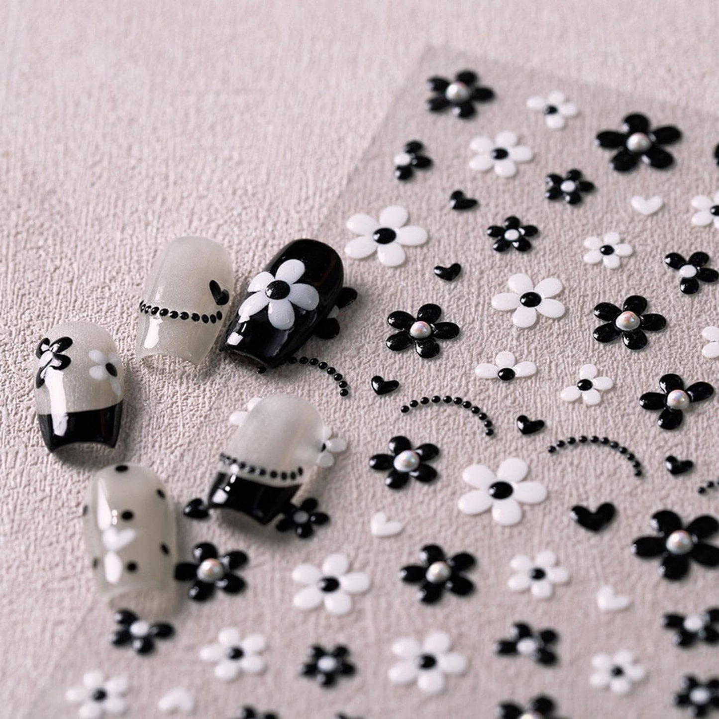 5D Embossed Flower Nail Art Stickers Black White Flower Nail Stickers with Pearl Design Self-Adhesive Nail Decals for Women Girls Spring Summer Manicure DIY Nail Supplies