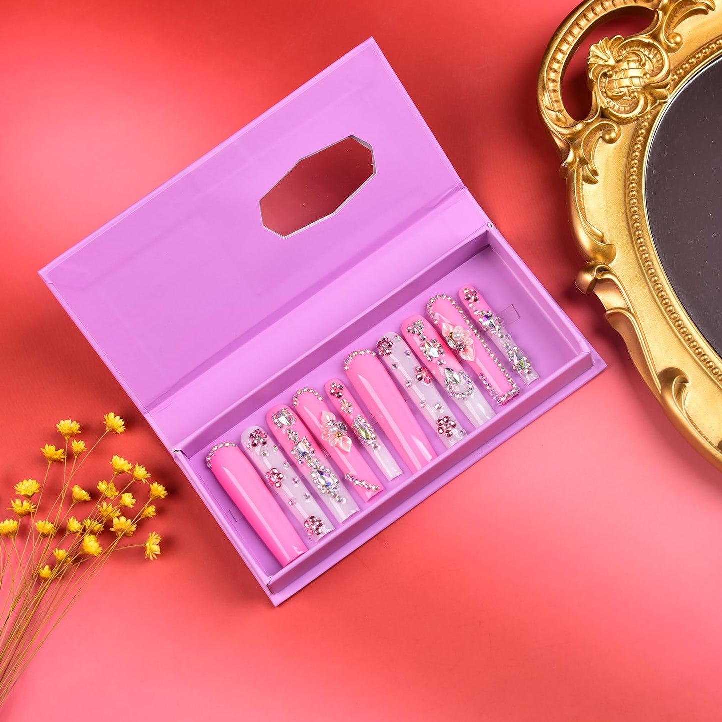 Tmani 10pc/set Extra Long Handmade Press On Nail Hot Girl's Long Ballet Nails Square Nail Full of Diamond Glitter Decoration Fake Nails Suitable For Girls Festival Parties and Birthday Gift (150,M)
