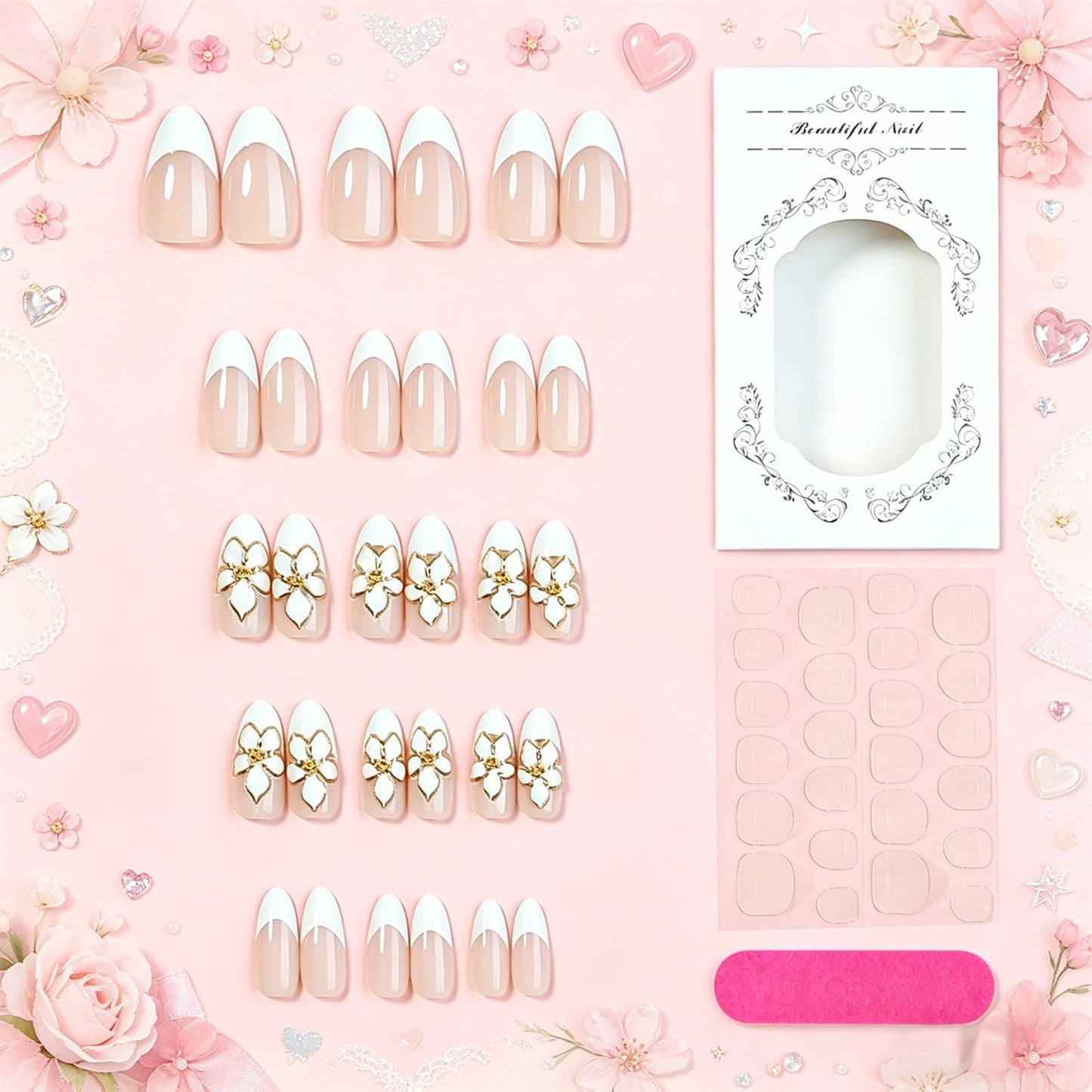 3D Flower Press on Nails Glossy White French Tips Medium Almond Fake Nail Floral False Nails with Gold Trim Design Elegant Stick on Nail Pearl Glue on Artificial Fingernails for Women Daily Wear