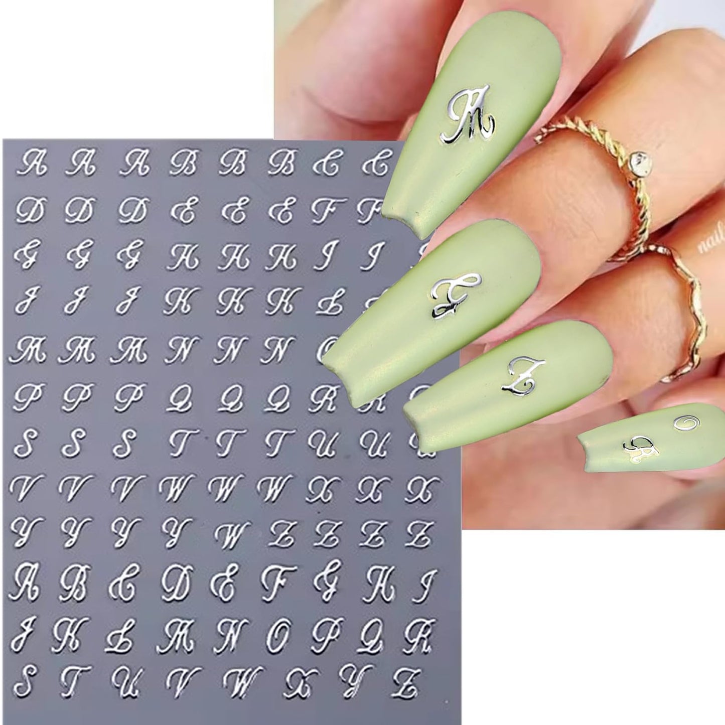 DANNEASY 8 Sheets Alphabet Number Nail Stickers 3D Self-Adhesive Old English Letters Nail Decals Black White Gold Sliver Nail Art Sticker Nail Initial Stickers for Women DIY Charms Decoration