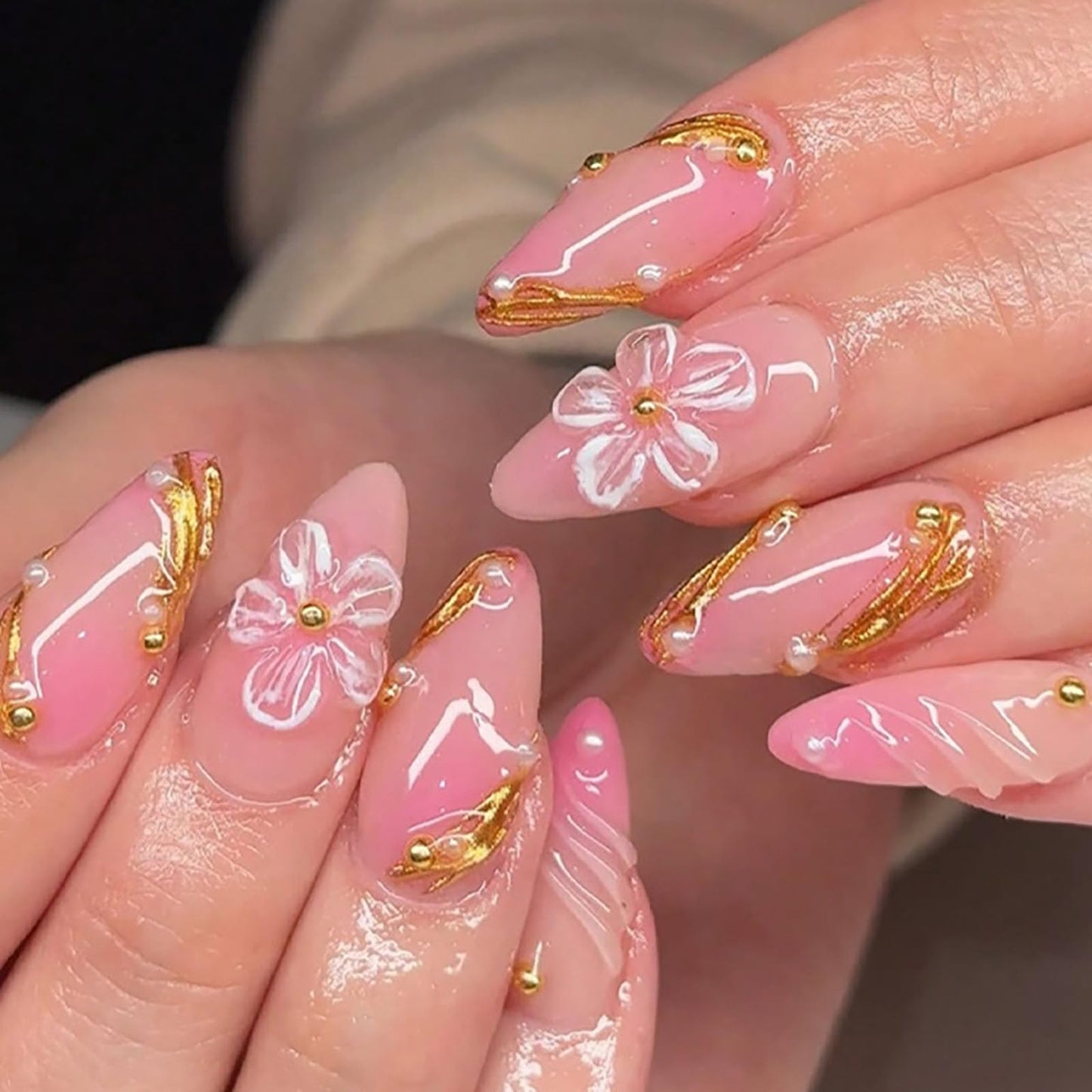 RUOKEXIN Long Press on Nails Almond Fake Nails Pink Ombre False Nails with 3D Flower Designs Spring Summer Nail Press ons Sparkly Artificial Nails for Women 24Pcs