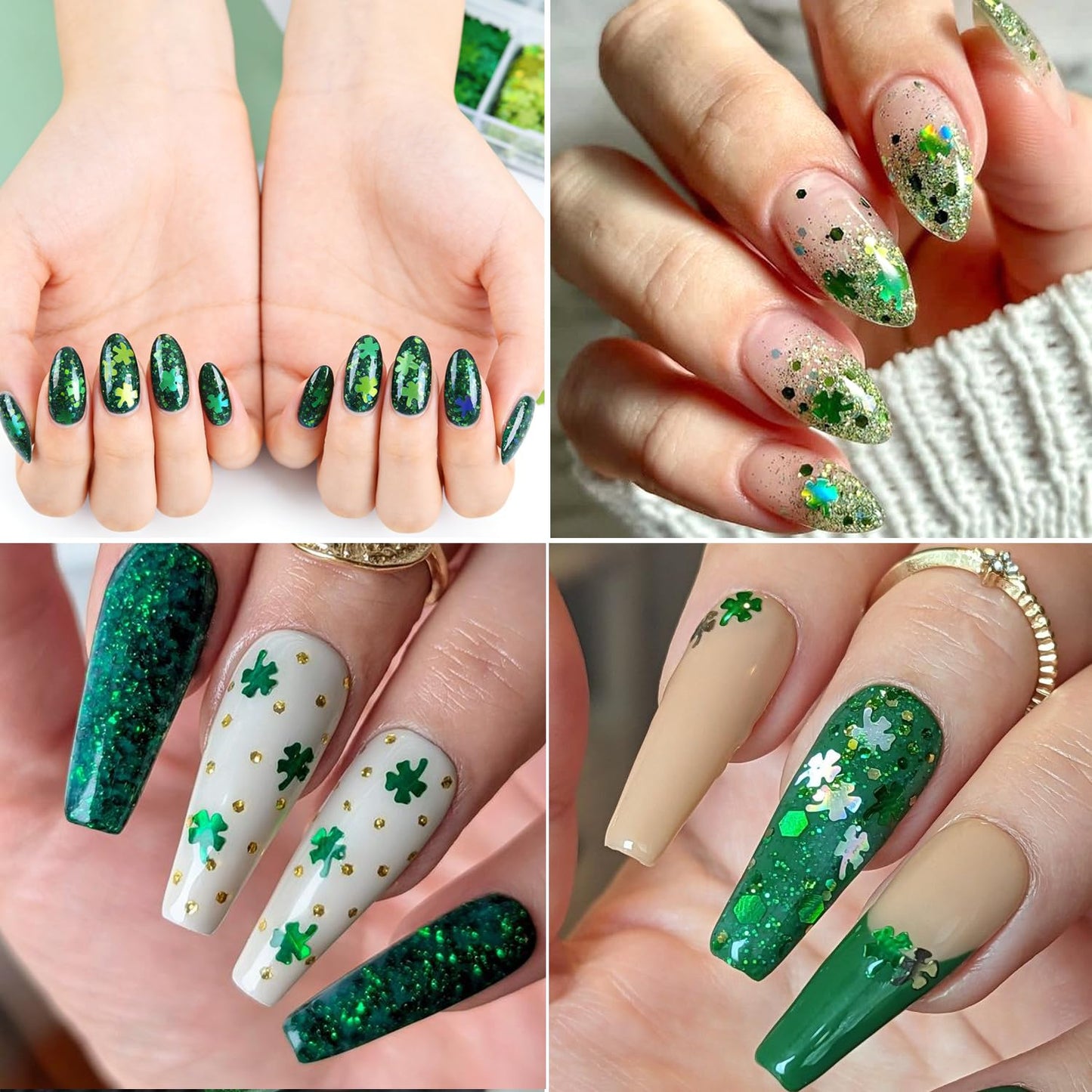 St. Patrick's Day Nail Art Glitters Kit - 3D Sparkling Four-Leaf Clover Design Green Shamrock Nail Glitter Flakes Irish Lucky Shaped Nail Sequins for Women Spring Manicure Decor DIY Accessories Crafts