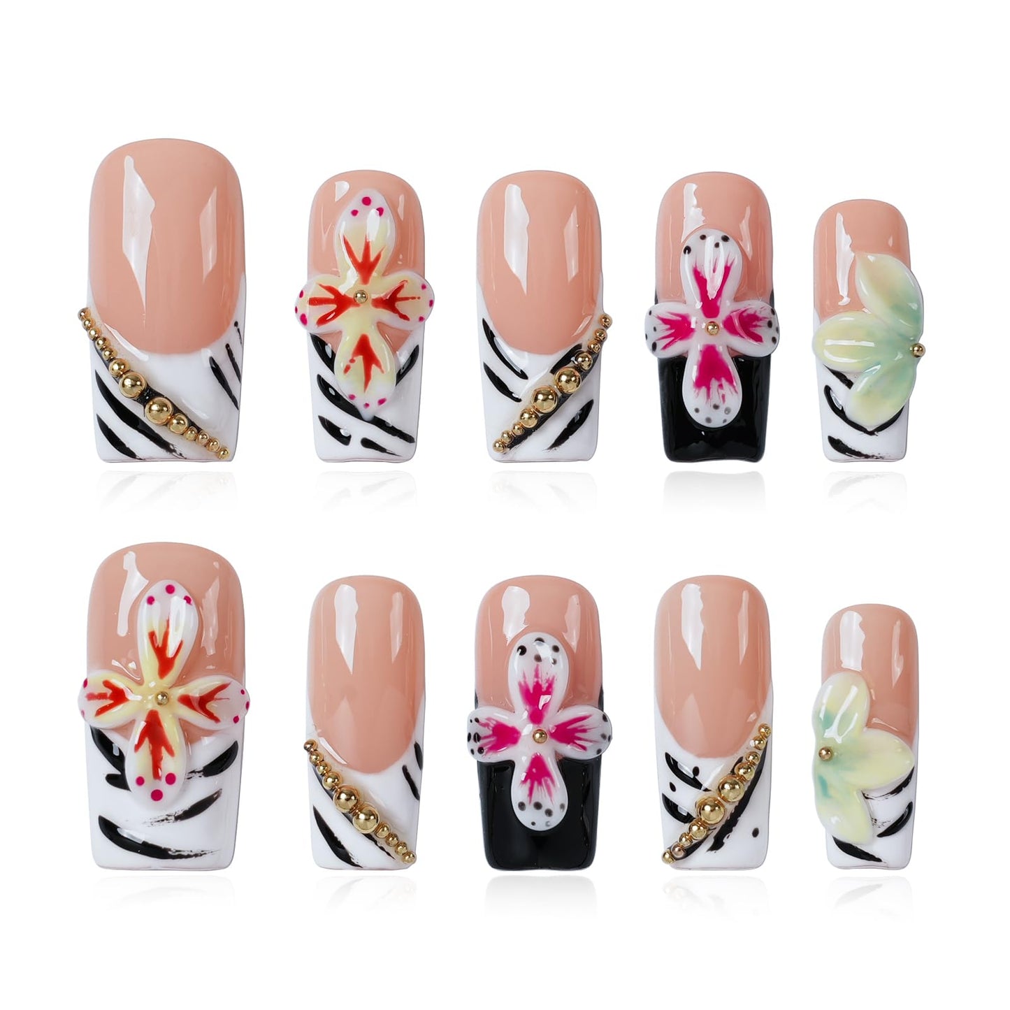 Tesytto Press on Nails Medium Square Handmade Tropical 3D Flower French Tip Fake Nails with Gold Beads, Glossy 3D Floral Nail Art for Summer Vacation (Golden Zebra Whimsy Floral,M)