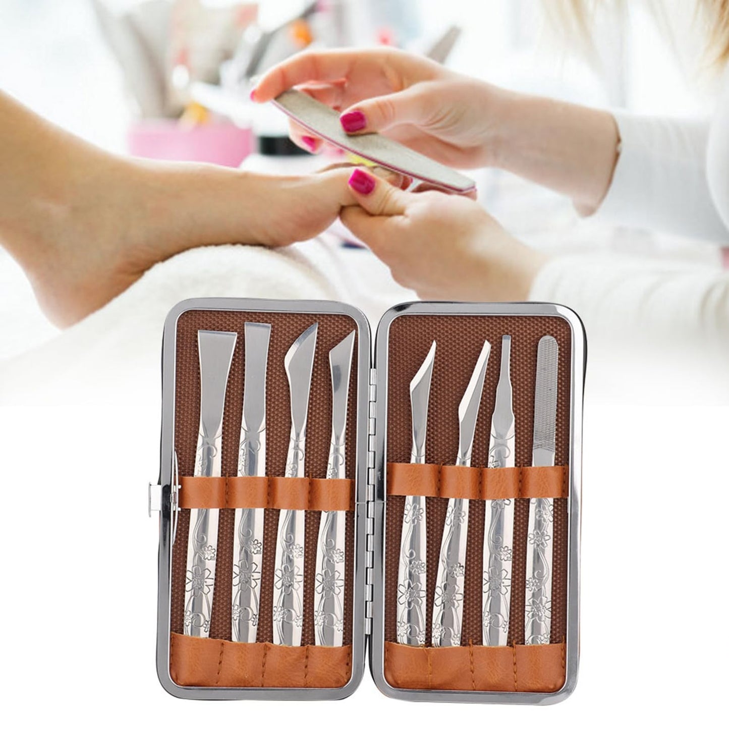 WQAPVHBG 8Pcs Ingrown Toenail Removal Kit, Stainless Steel Pedicure Kit, Pedicure Knife Dead Skin Removal, Ingrown Toenail Treatment Tool Set with A PU Leather Box