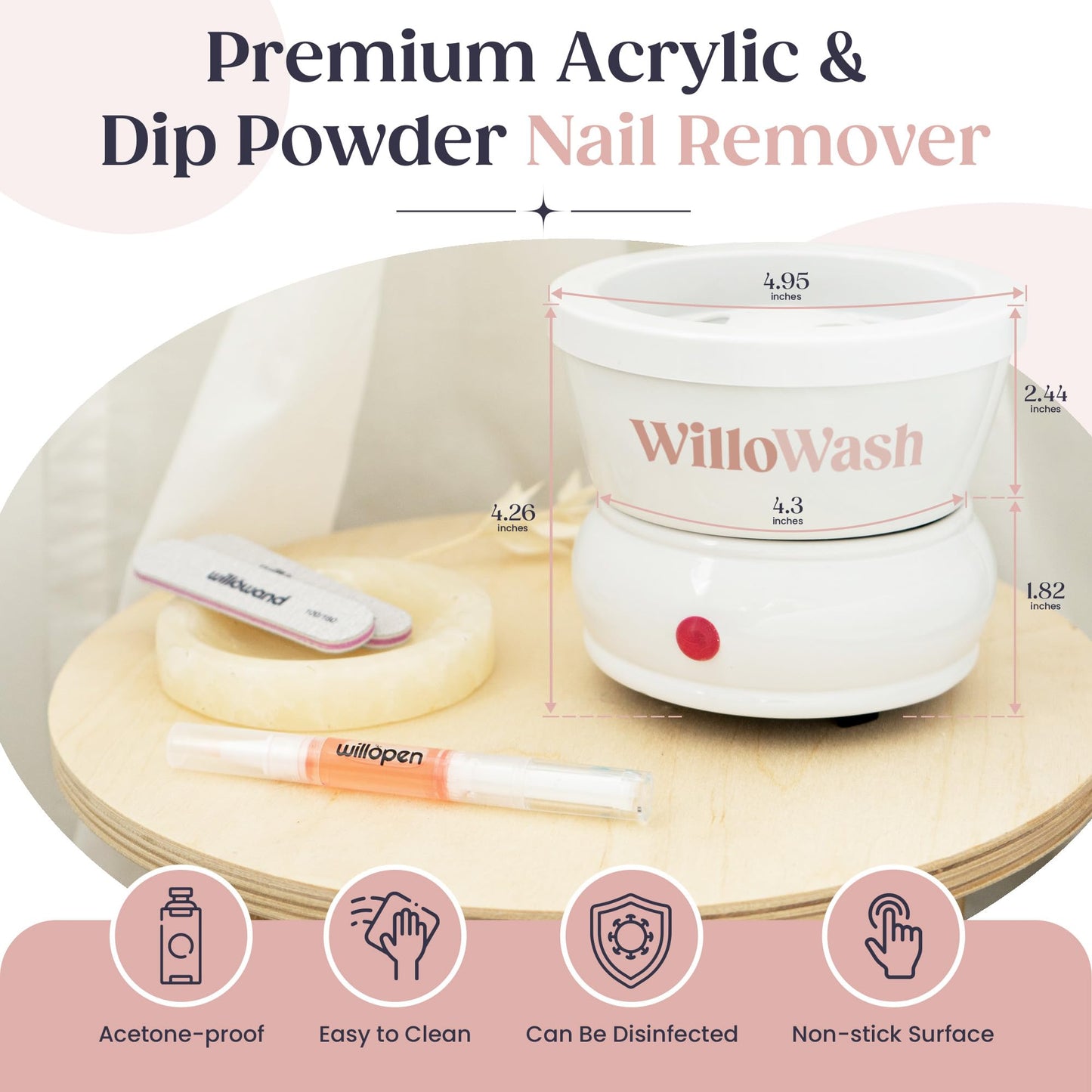 Willowash Electric Acetone Nail Remover Bowl – Acrylic & Dip Powder Soak Off Kit, Heated Nail Soaking Bowl for Fast Nail Removal (Not for Gel Polish)