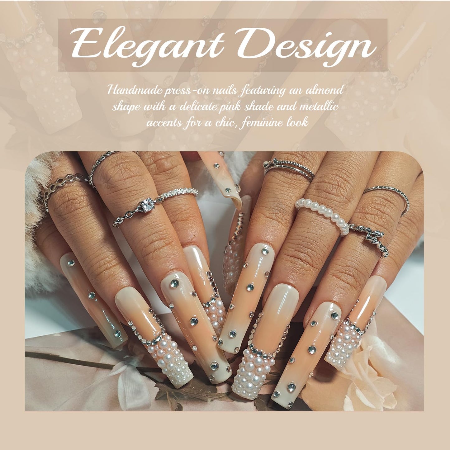 Handmade Square Press On Nails, French Tip Long, Rhinestone Pearl Ombre Nude for Women Gift, Reusable Stick On Fake Kit With Glue (NudePearl, M)