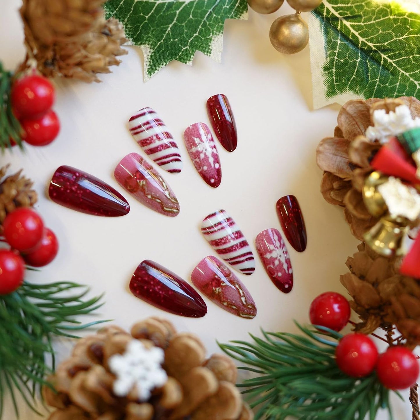 Christmas Press on Nails Medium Artificial Almond Acrylic False Nails French Red Tip Glitter Fake Nail Snowflake with Bow Xmas Stick on Nail Full Cover Reusable Coffin Artificial Fingernails for Women