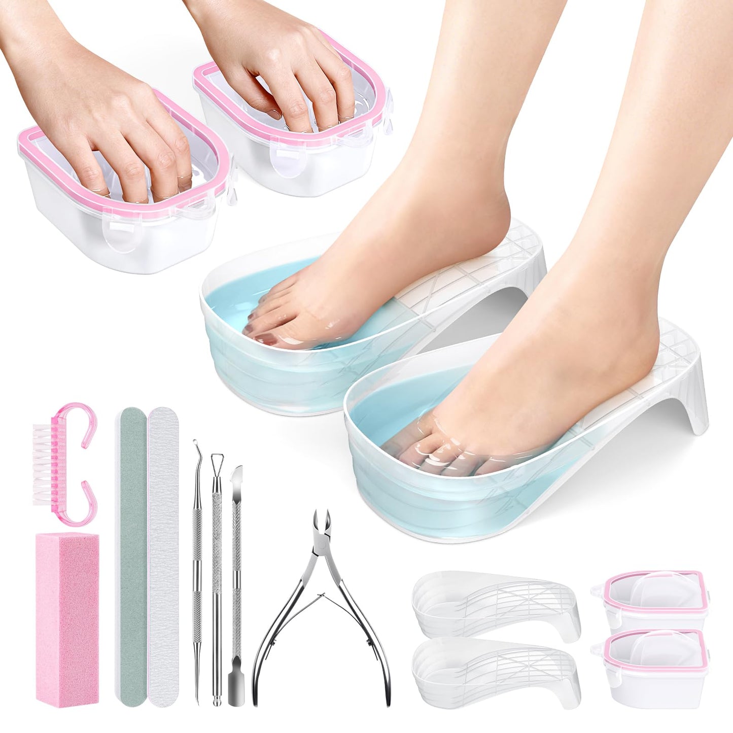 Hand Toe Nail Soaking Bowl: 12PCS Large Size Hand & Foot Nail Soak Off Bowl for Nail Lovers - Acetone Proof Toe Soaking Tray with Manciure Pedicure Tools for Dip Powder Gel Polish Remover(Pink, Clear)
