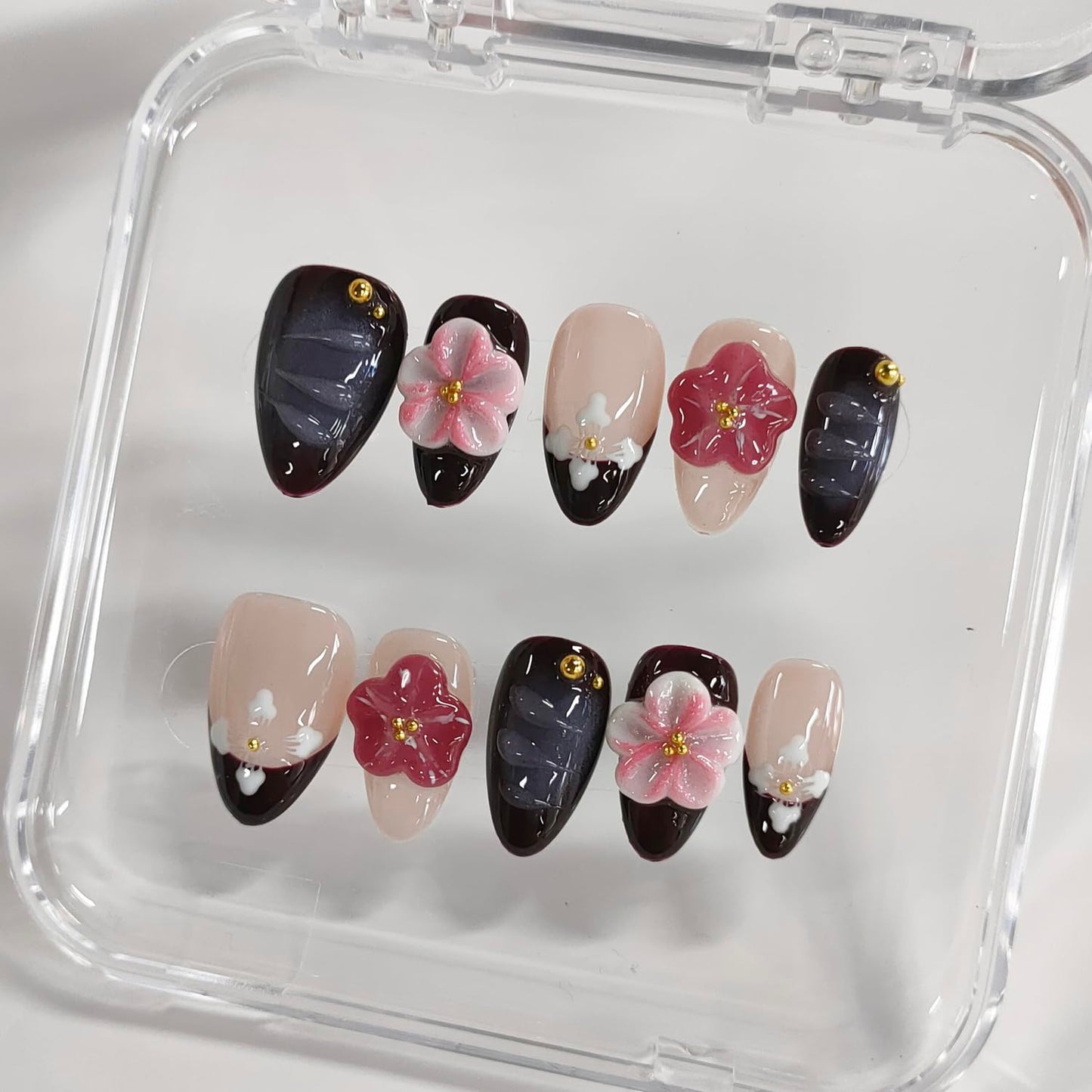 Handmade Press on Nails Almond Short 3D Floral Nails French Tip Thick Acrylic Fake Nails Purple False Nails with Pink Flower Designs Elegant Sturdy Nail Art Press on Nails 10Pcs(M)