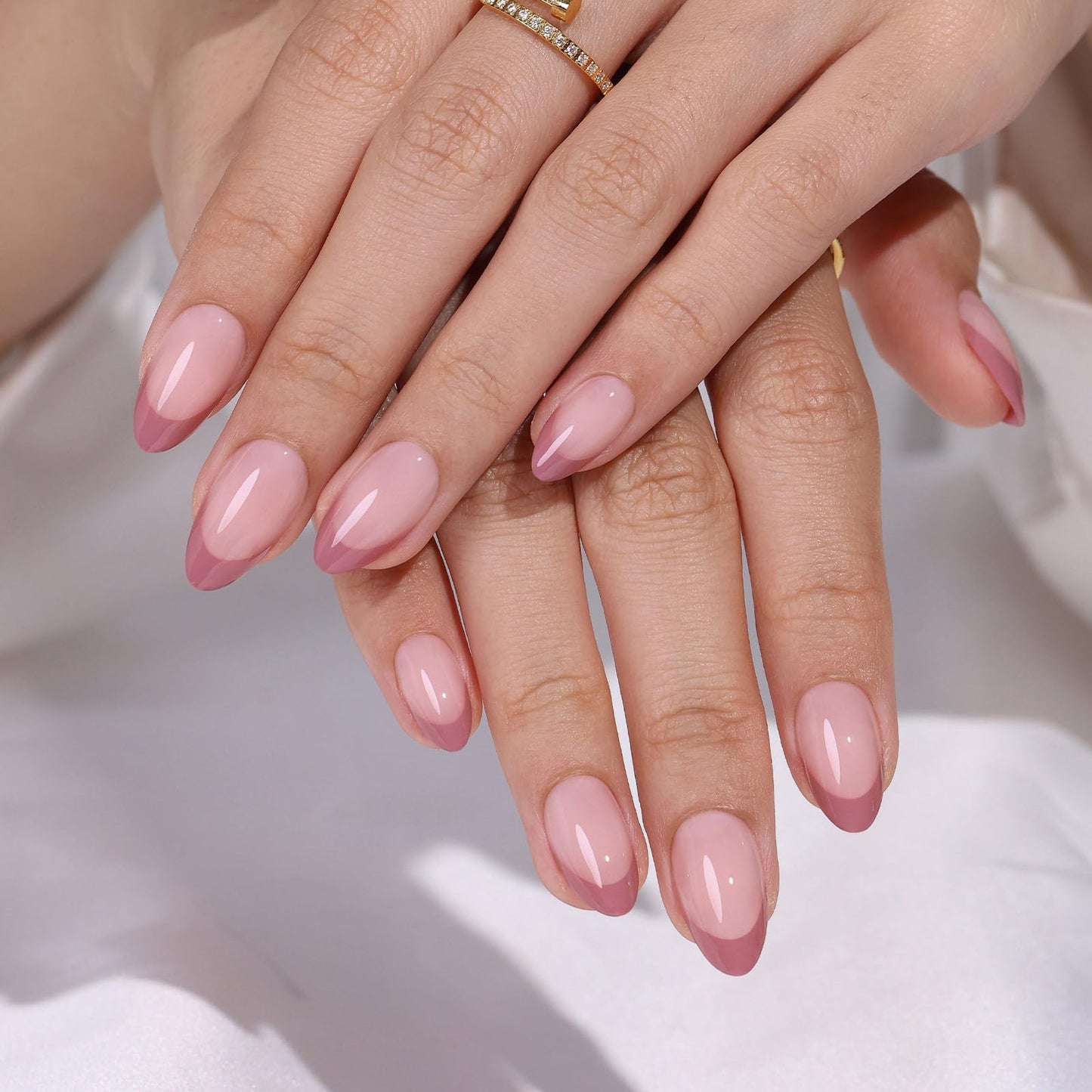 Dusty Rose Press on Nails Short Almond - GJZEZ Soft Gel Spring French Tip Fake Nail Press Ons Gifts for Women, Salon Quality Natural Fit Cute Reusable Faux Nails | 16 Sizes - 32 Pcs, Taffy Deep Pink