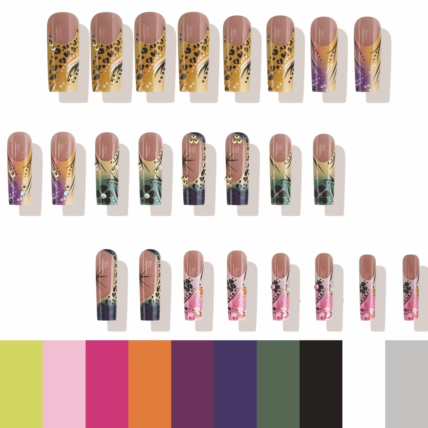 BABALAL Long Square Press on Acrylic Nails French Tip Fake Nails Yellow Green Purple Pink Stick on False Nails Summer Colorful Press ons Sparkly Bling Supplies Luxury for Women 24Pcs Coquette