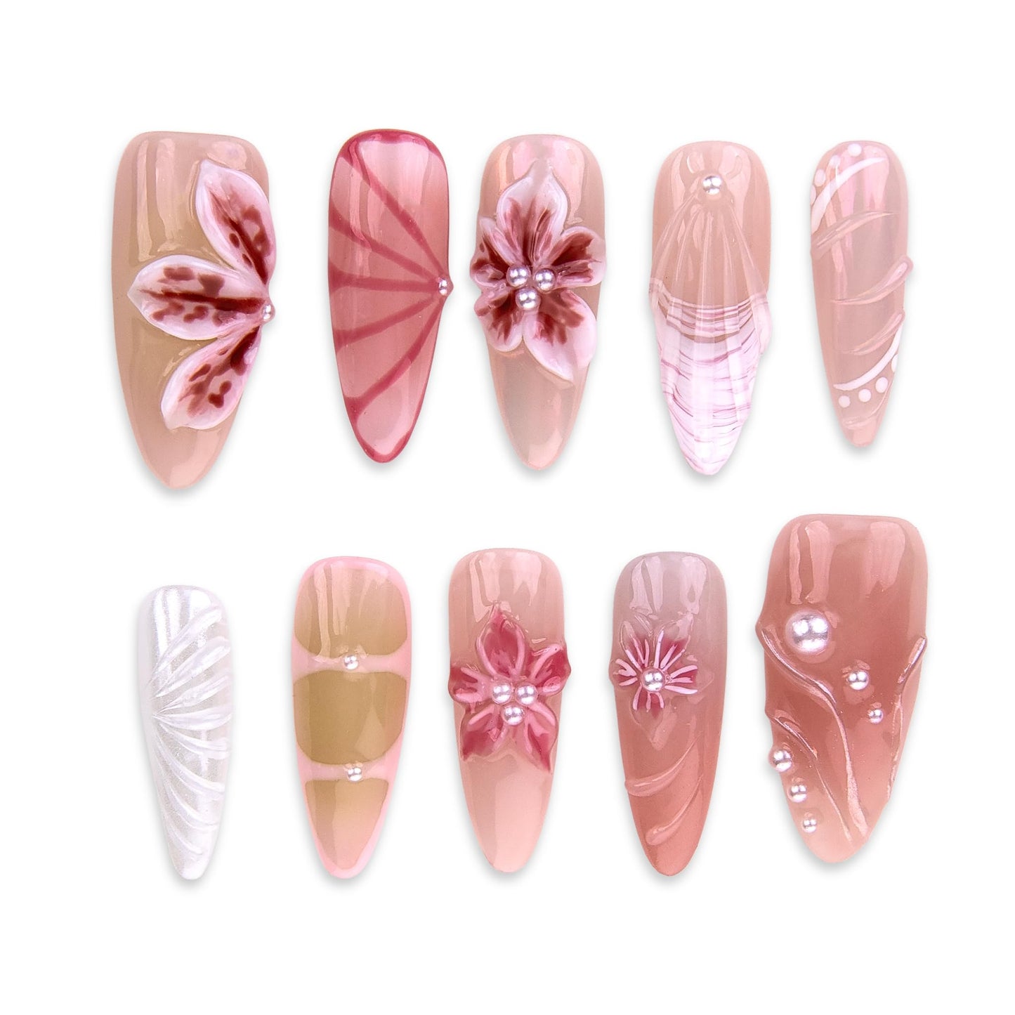 SIYOU Beauty | Tropical Serenade | Pink and White Tropical Long Almond Press On Nails for Women (Small) - Reusable, Salon-Quality Fake Nails (10pc)