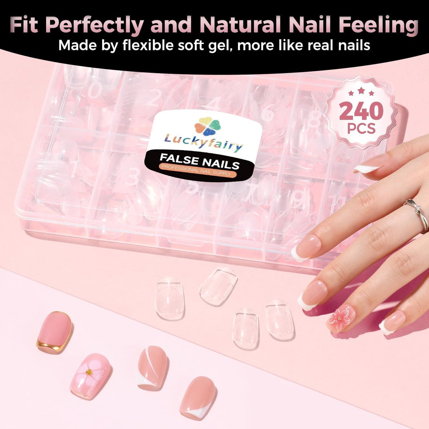 Luckyfairy Square Nail Tips: 240Pcs Short Squoval Soft Gel Tips, Pre-Etched Full Cover Gelly Fake Nails, No Filing Needed, Thin Cuticle & Thick Tip Clear Extension System for DIY Home Salon 12 Sizes