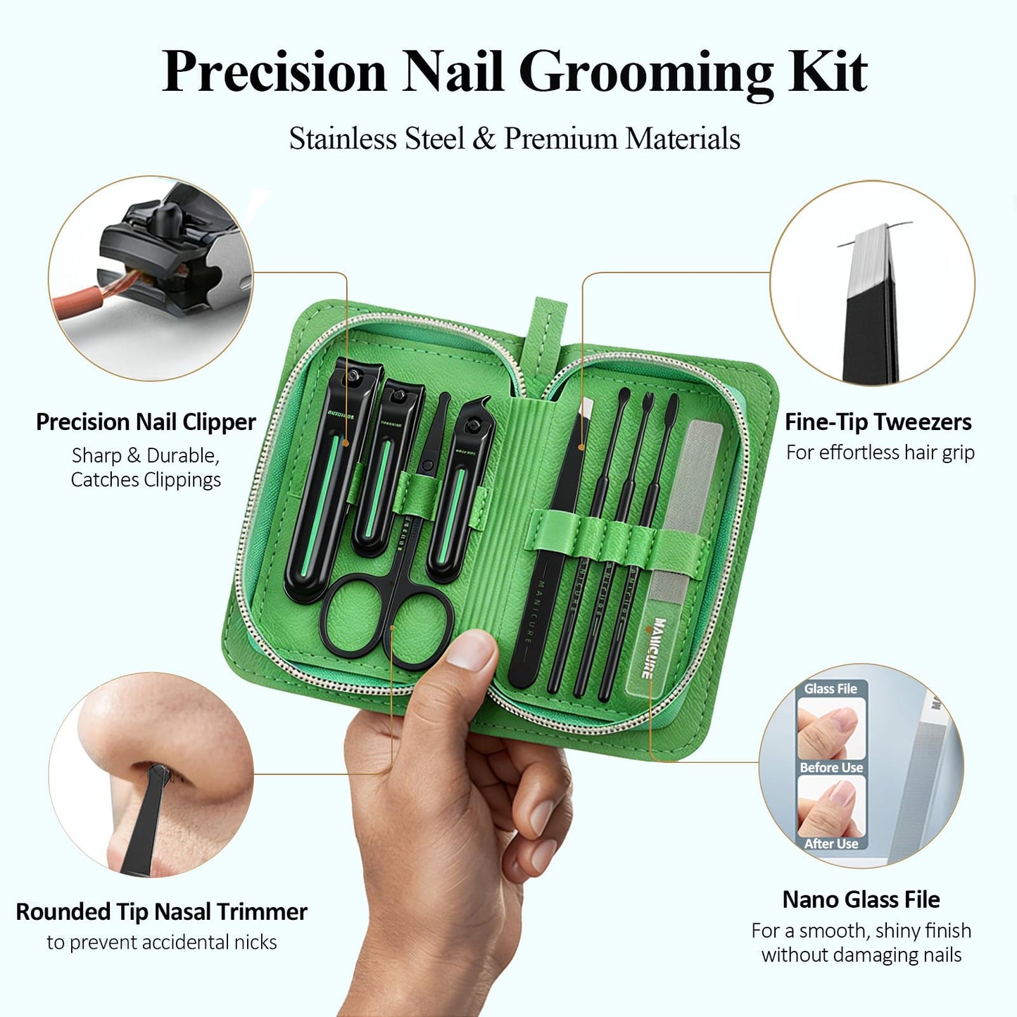SIALANCI 9-in-1 Manicure and Pedicure Kit for Men & Women, Travel Nail Clipper Set with Stainless Steel Tools & Glass Nail File, Portable Grooming Kit in PU Leather Case, Personal Care Gift