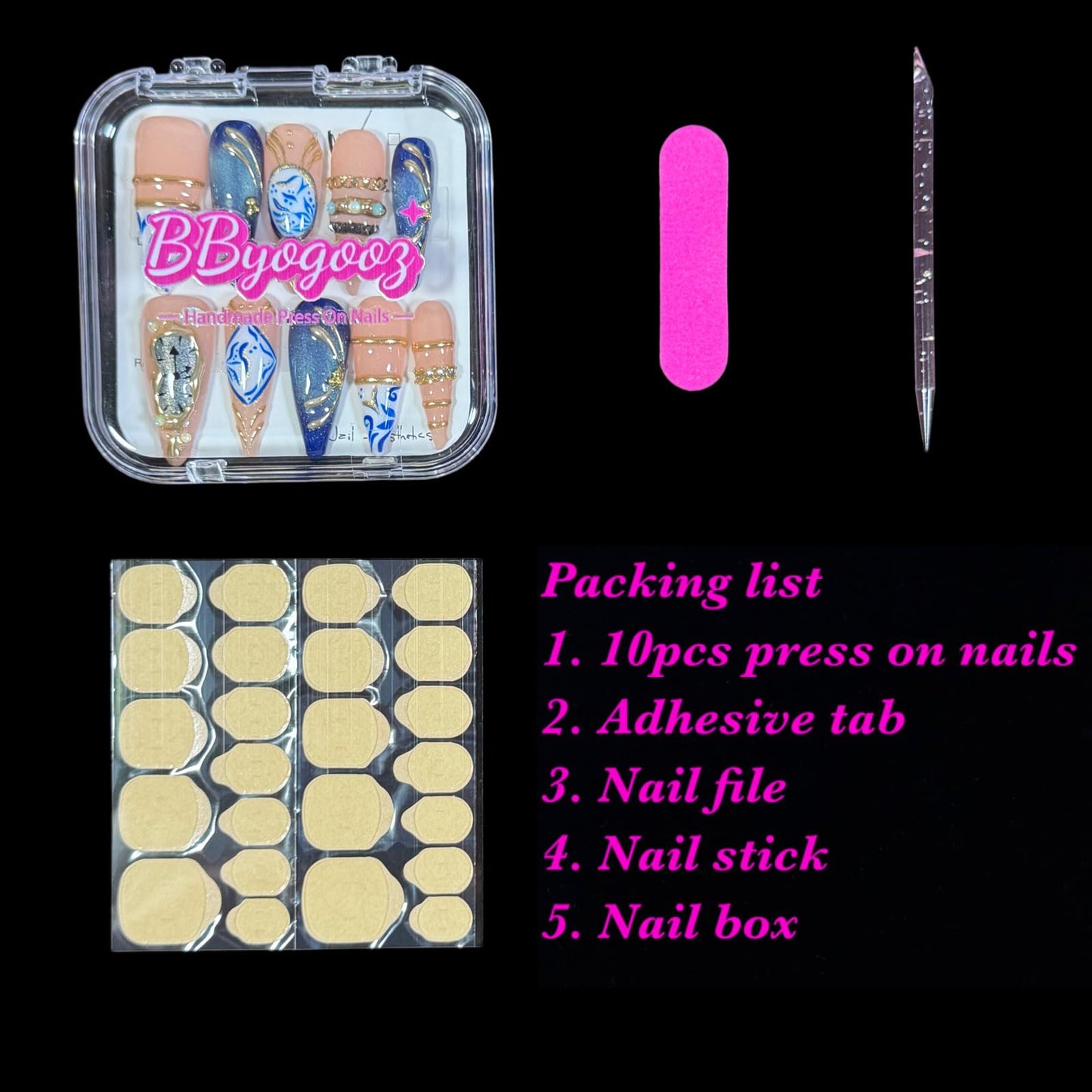 3D Handcrafted Press On Nails, Luxury Fake Nails with Porcelain Pattern, Ring Jewelry Inspired & Unique Clock Face Design, Reusable Acrylic False Nails Navy Blue (S)