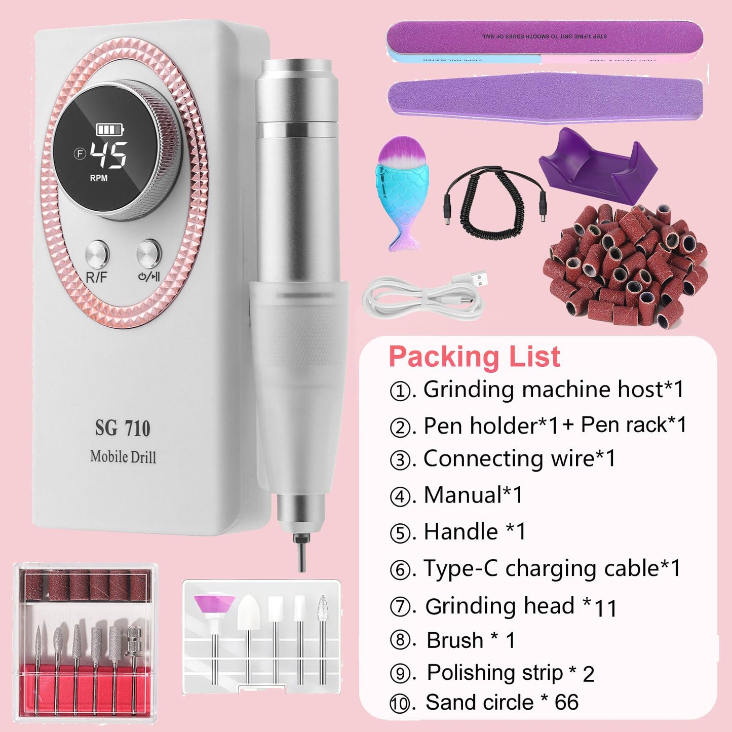 Nail Drill Machine Electric 45000RPM Rechargeable Portable Nail Drill Kit DIY Nail File Electric with Smart LCD Screen for Gel Nail Manicure and Pedicure Reflective Body etc(White)