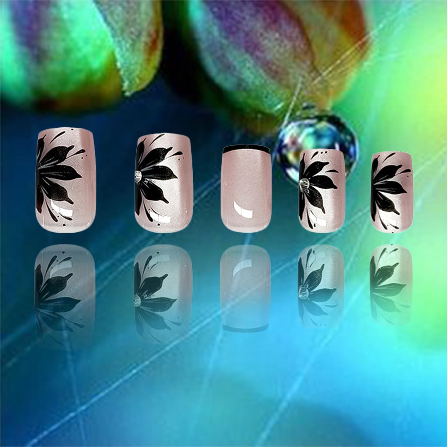 Winter Flower Press on Nails Black French False Nails Glossy Pink Cat Eye Acrylic Fake Nails 24Pcs Rhinestones Gel Glue on Nails for Manicure Flower Stick on Medium Square Nail for Coquette Women Girl