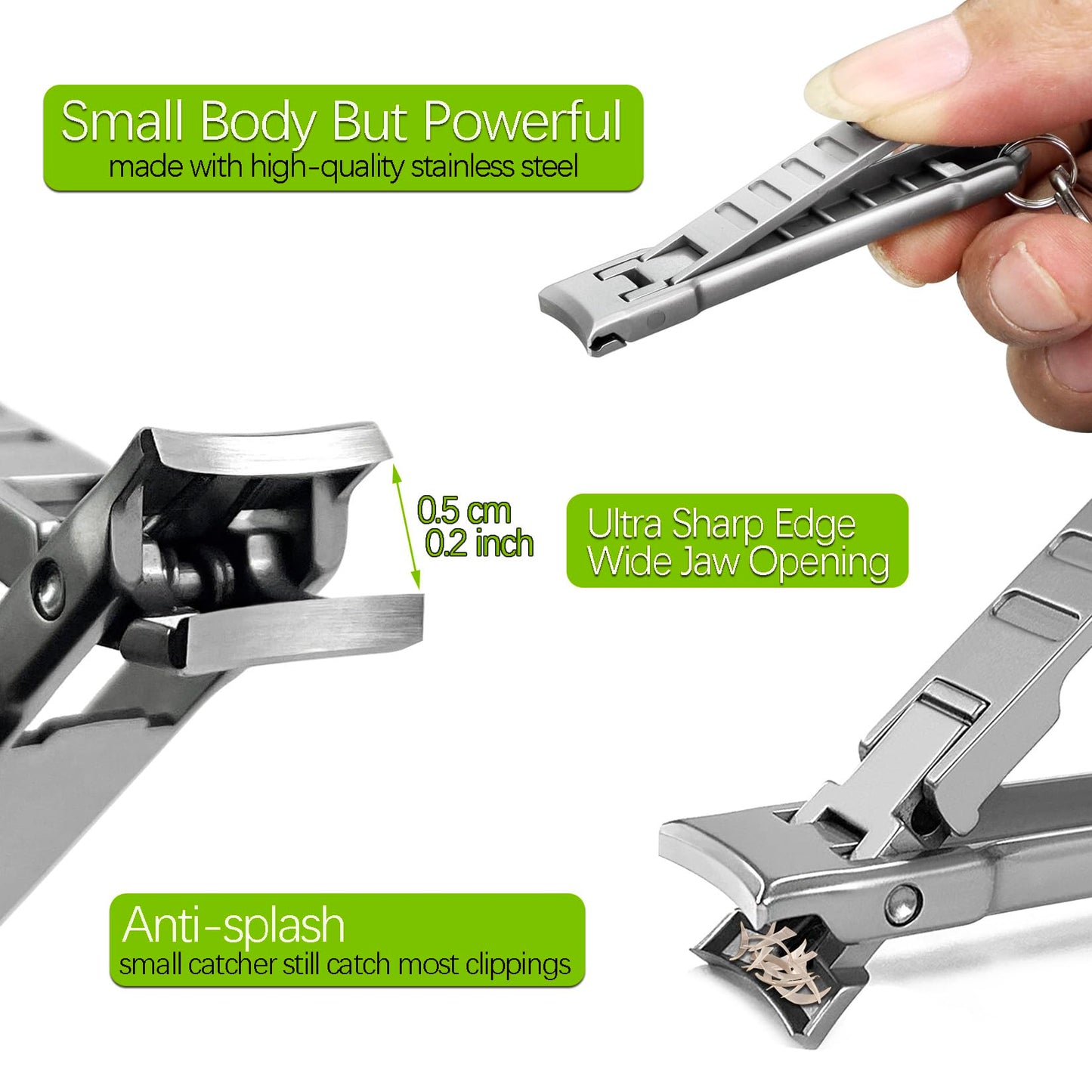 VOGARB Portable Nail Clippers for Natural Fingernail and Toenails, UItra Thin Stainless Steel Sharp Wide Jaw Folding Travel Finger Nail Cutter with Keychain and Earpick for Men, Women, Adults