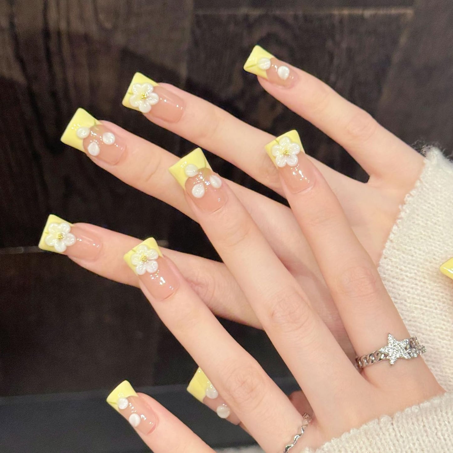 Spring Summer Duck Press on Nails Handmade Press on Nail Luxury Yellow French Acrylic Fake Nails 3D Flower Designs Stick on Nail Full Cover Thickened False Nails for Women Nail Art DIY（Size S 10 Pcs)