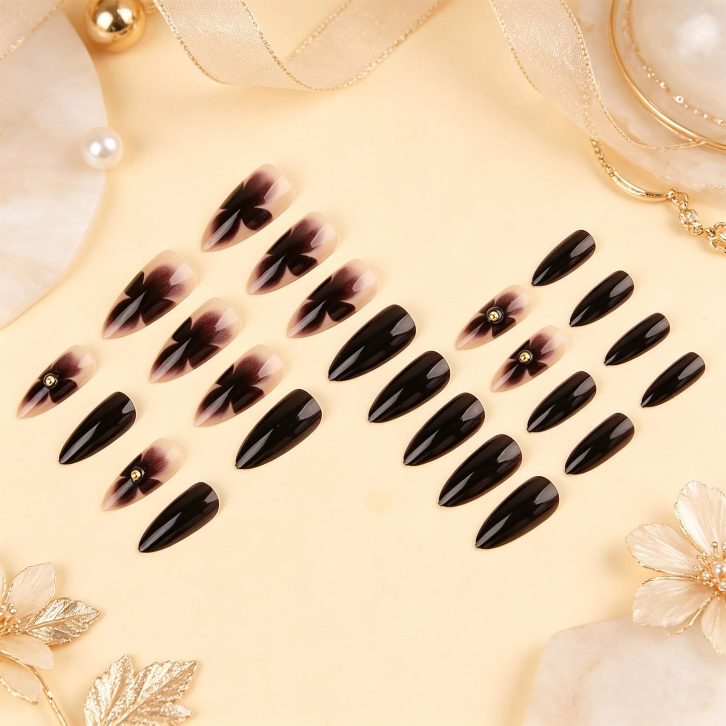 Press on Nails with Flower Design Floral Medium Almond False Nails Black Ombre Fake Nail Glossy Gold Accent Glue on Nail Gradient Stick on Fingernails for Women Elegant Daily Wear