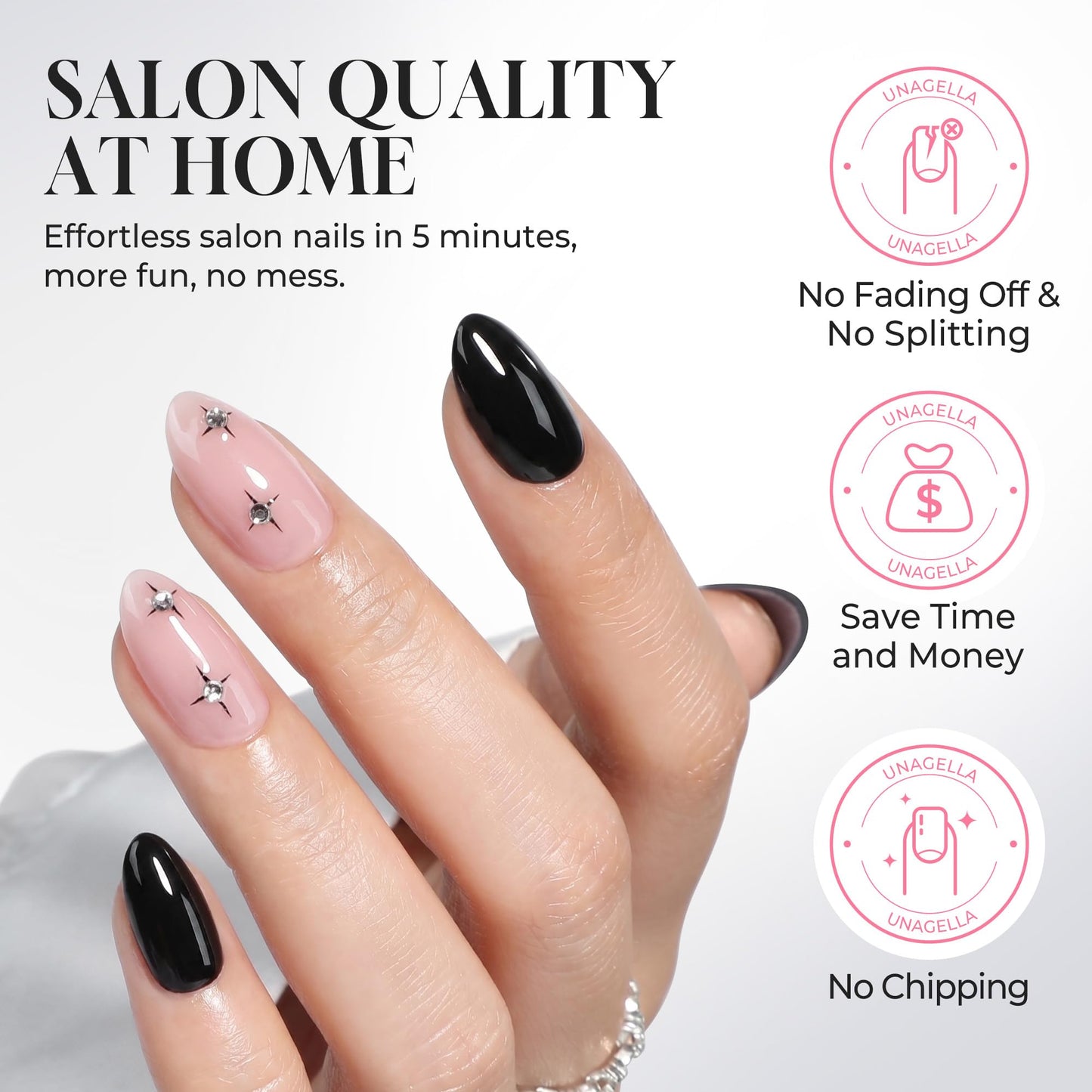 UNA GELLA Press on Nails Almond - 32Pcs 16 Sizes Nude Pink Fake Nails with Starburst Rhinestones, Soft Gel False Nails, Reusable Glue on Stick on Nails for Women DIY Manicure
