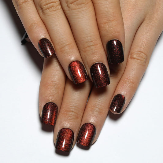 Stbisen Wine Red Press On Nails Short – Square Cat Eye Fake Nails with Color-Shifting Glow, Reusable Stick On Nails, 15 Sizes, 30 Nail Kit with Glue, Thick Glue On Nails for Women, M5-Crimson Spell