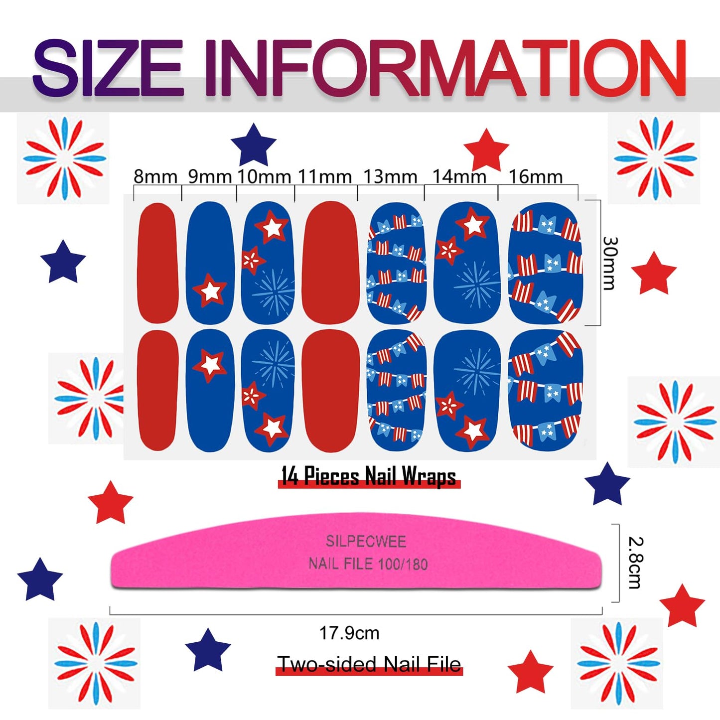 SILPECWEE 20 Sheets 4th of July Nail Polish Strips Independence Day Nail Wraps for Women Patriotic American Nail Polish Stickers Self Adhesive Fingernail Manicure Design with Nail File