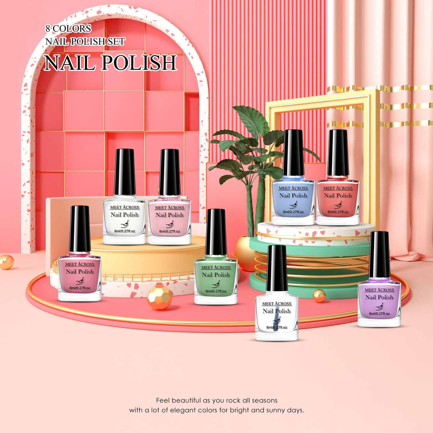 MEET ACROSS 8 Bright Colors Nail Polish Set, Macaron Purple Pink Red Blue White Quick Dry Finger Manicure Kit Sheer Neutral Nude Pink Green DIY Nail Art Home Salon Gifts for Women Girls