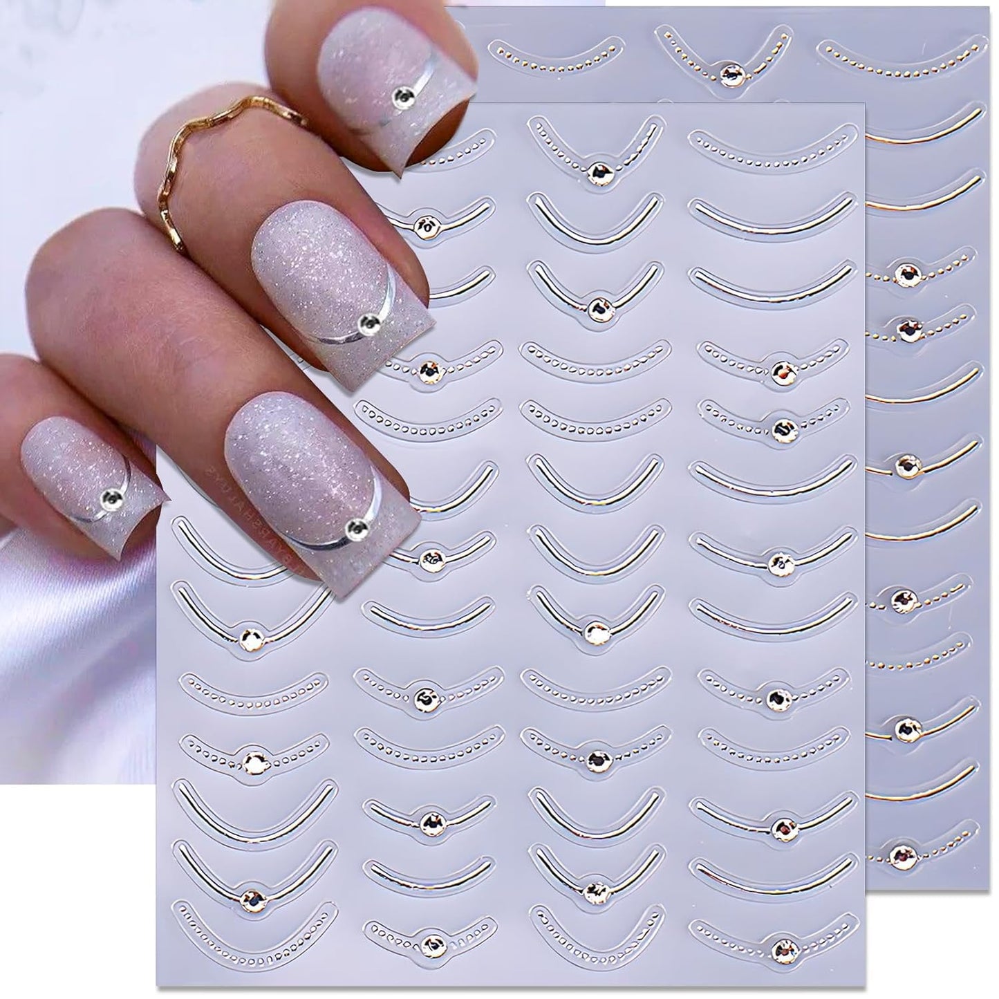 French Line Nail Art Stickers,Gold Silver Line Diamond Nail Stickers 5D Self-Adhesive Nail Decals 2Pcs Nail Art Supplies Gold Silvery Lines Stripe Deisgns for Women Nails Decor