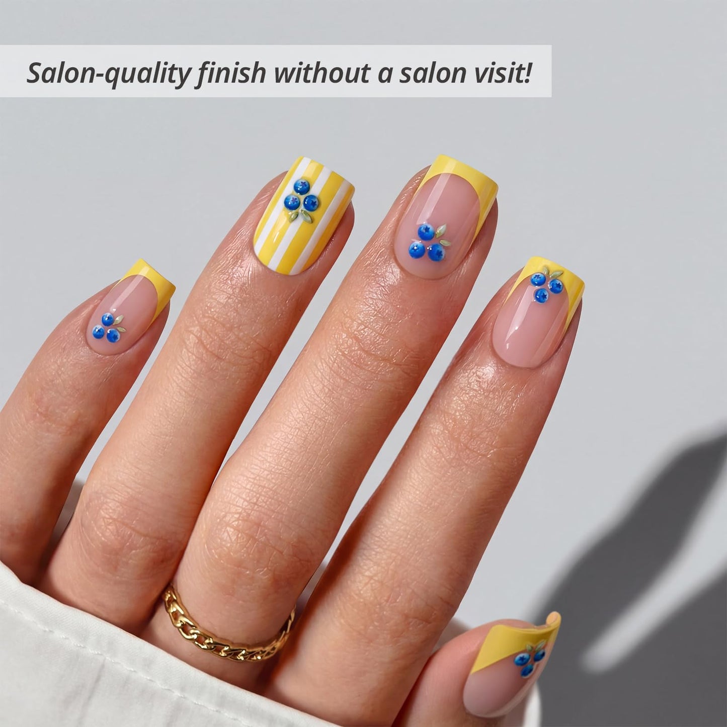 BTArtbox French Tip Press On Nails - Blueberry Rain, Easy-to-Apply Yellow Short Square Press On Nails with Glue and Adhesive Tabs in 16 Sizes - 32 Nails All-in-One Kit