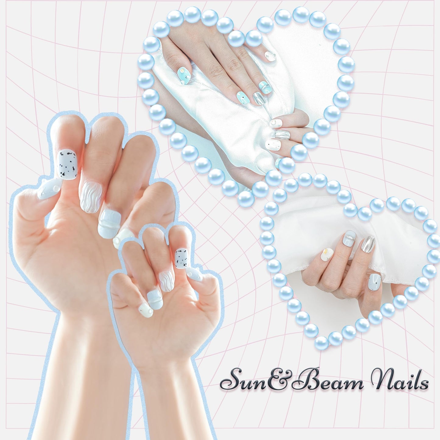 Sun&Beam Nails Handmade Press-on Short Squoval Round Blue Silver White 3D Star Minimalist Design Fashion False Nail Tips 10 Pcs Set (#175 S)