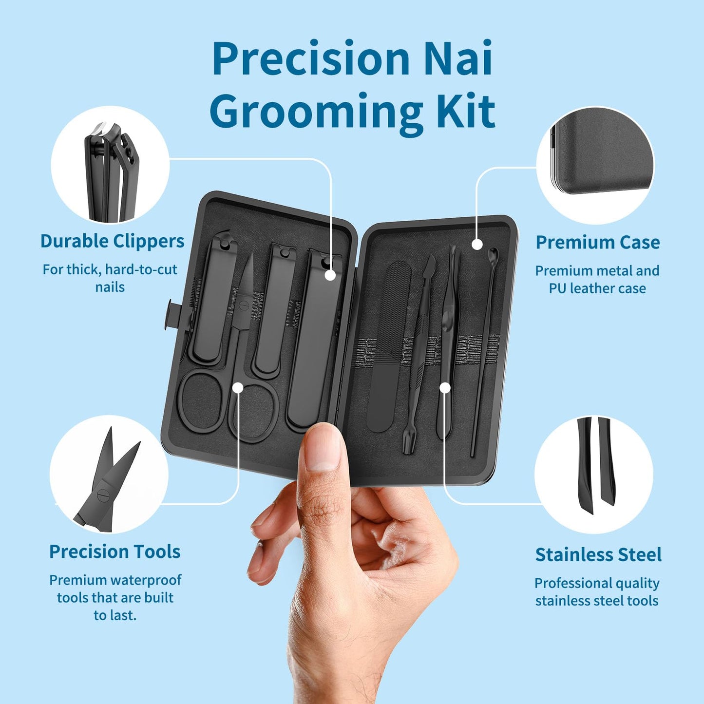 OFIDUS Precision 8 Pieces Men’s Nail Grooming Travel Kit, Stainless Steel Manicure Set with Fingernail & Toenail Clippers, Nail File, Slant Tip Tweezers, Cuticle Scissors, Cuticle Pusher, Travel Case
