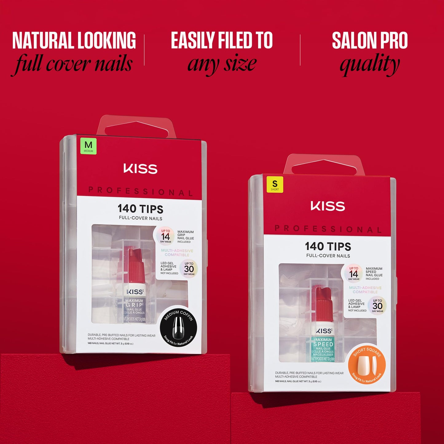 Kiss PROFESSIONAL, Press On Nails, Nail glue included, 'Absolutes', White, Medium Size, Square Shape, Includes 140 Nails, 3g Glue