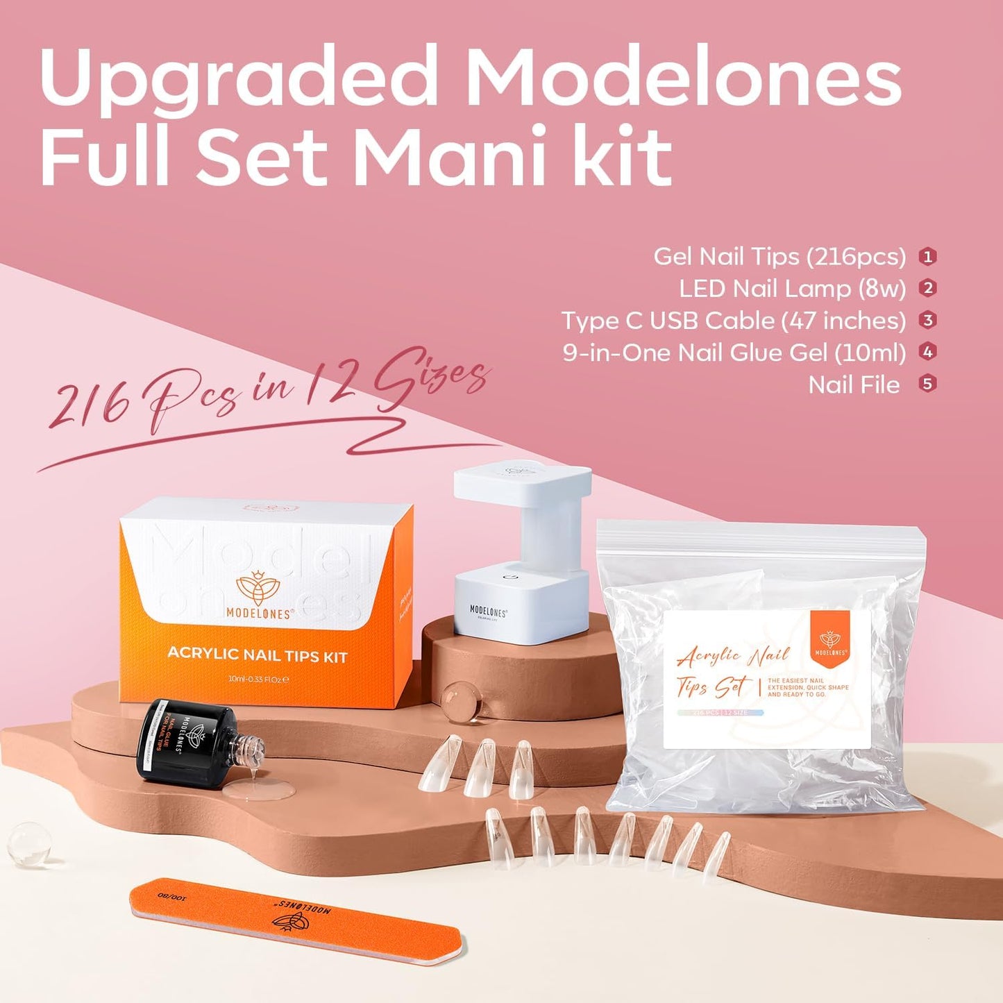 modelones X Nail Gel Kit Long Coffin, 9-in-One Nail Glue with Mini UV Light 216Pcs 12Sizes Pre-Etched Press ons Fake Acrylic Extension Kit DIY Salon Gift