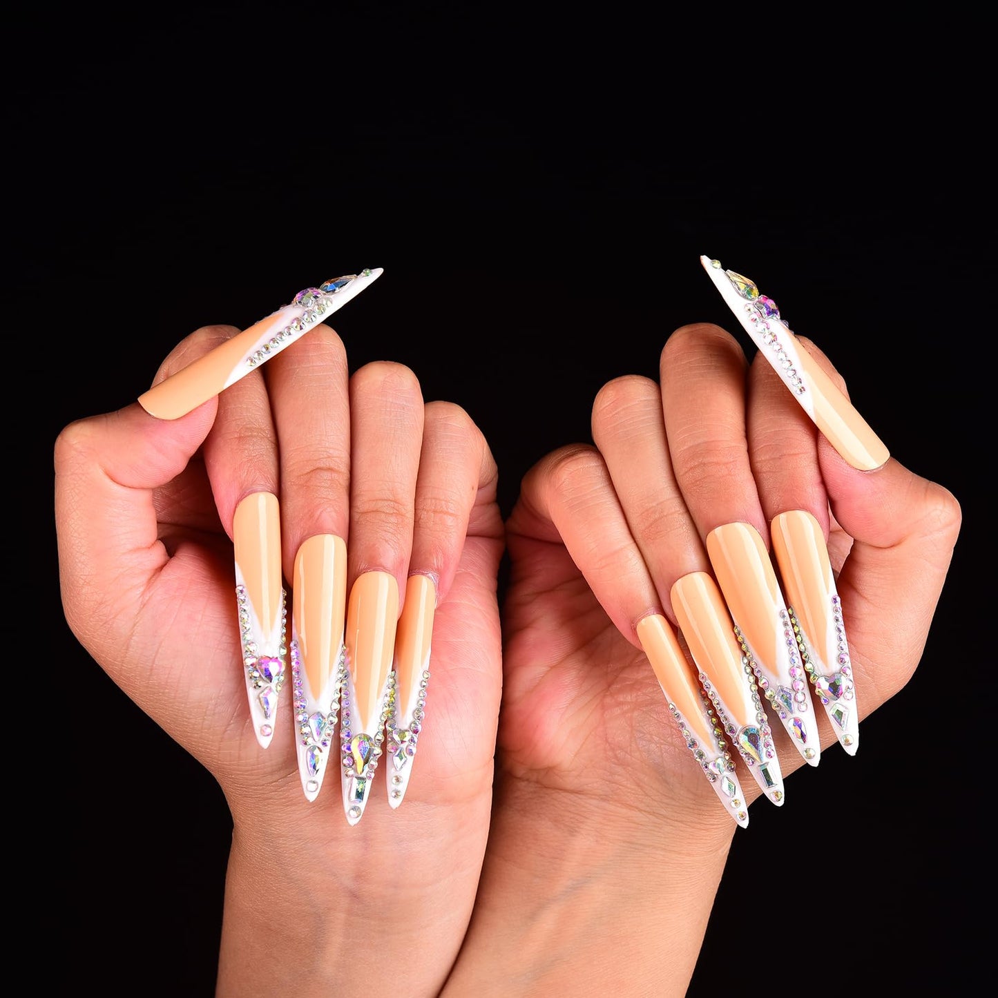Tmani 10pc/set Extra Long Handmade Press On Nail Hot Girl's Long Ballet Nails Pointed Nail Full of Diamond Glitter Decoration Fake Nails Suitable For Girls Festival Parties and Birthday Gift（007,S)