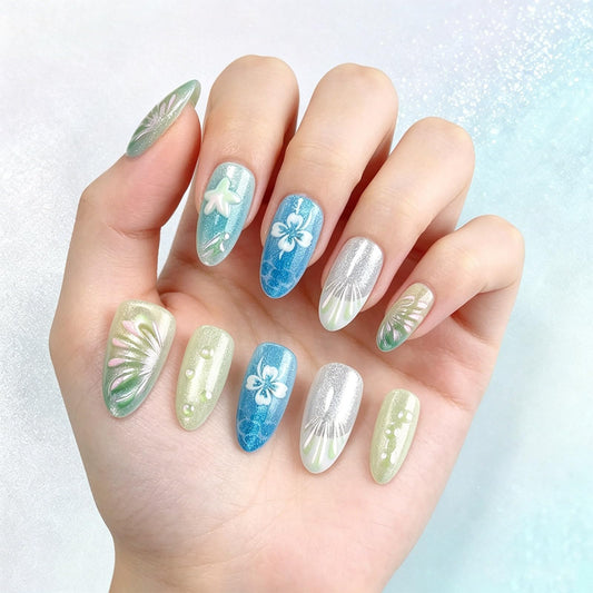 Ocean Press on Nails 3D Starfish False Nails with Seashell Design Medium Almond Fake Nail Glossy Sparkly Blue Gradient Glue on Nail White French Tips Stick on Fingernails for Women Summer Daily Wear