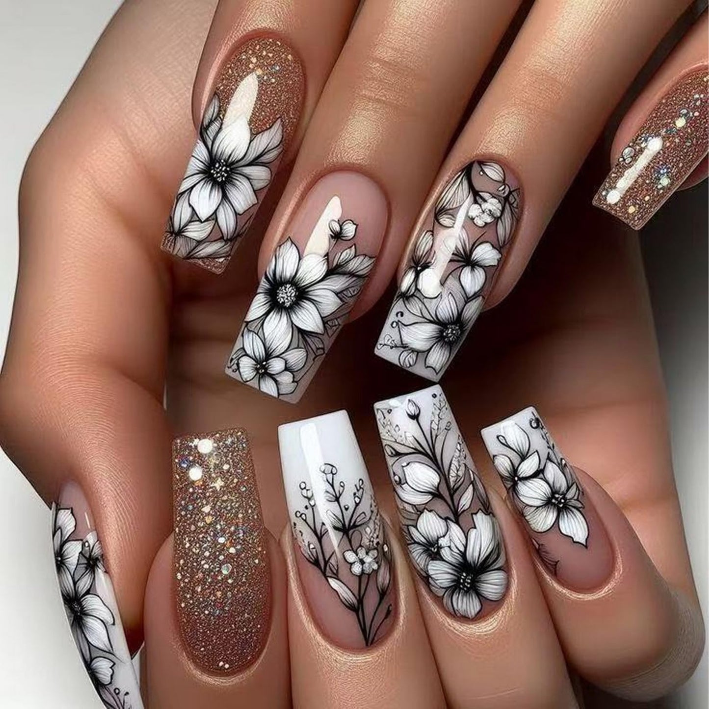 Long Press on Nails Square Fake Nails with Flower designs Stick on Nails Black White False Nails Glossy Full Cover Coffin Acrylic Nails Glitter Glue on Nails for Women Girls Spring Summer 24pcs