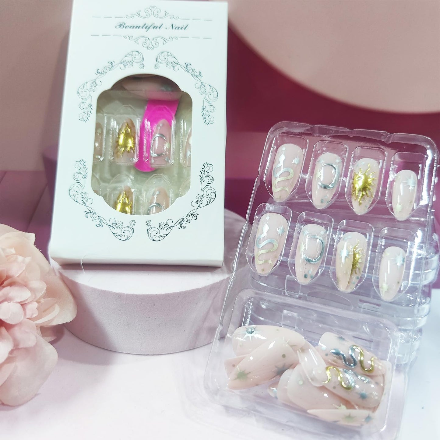 24Pcs 3D Snake Press on Nails Gold Sun Gel Glue on Fingernails Moon Medium Almond Fake Nails Glossy Silver Glitter Stick on Nail Acrylic Full Cover False Nail for Holiday Manicure Art