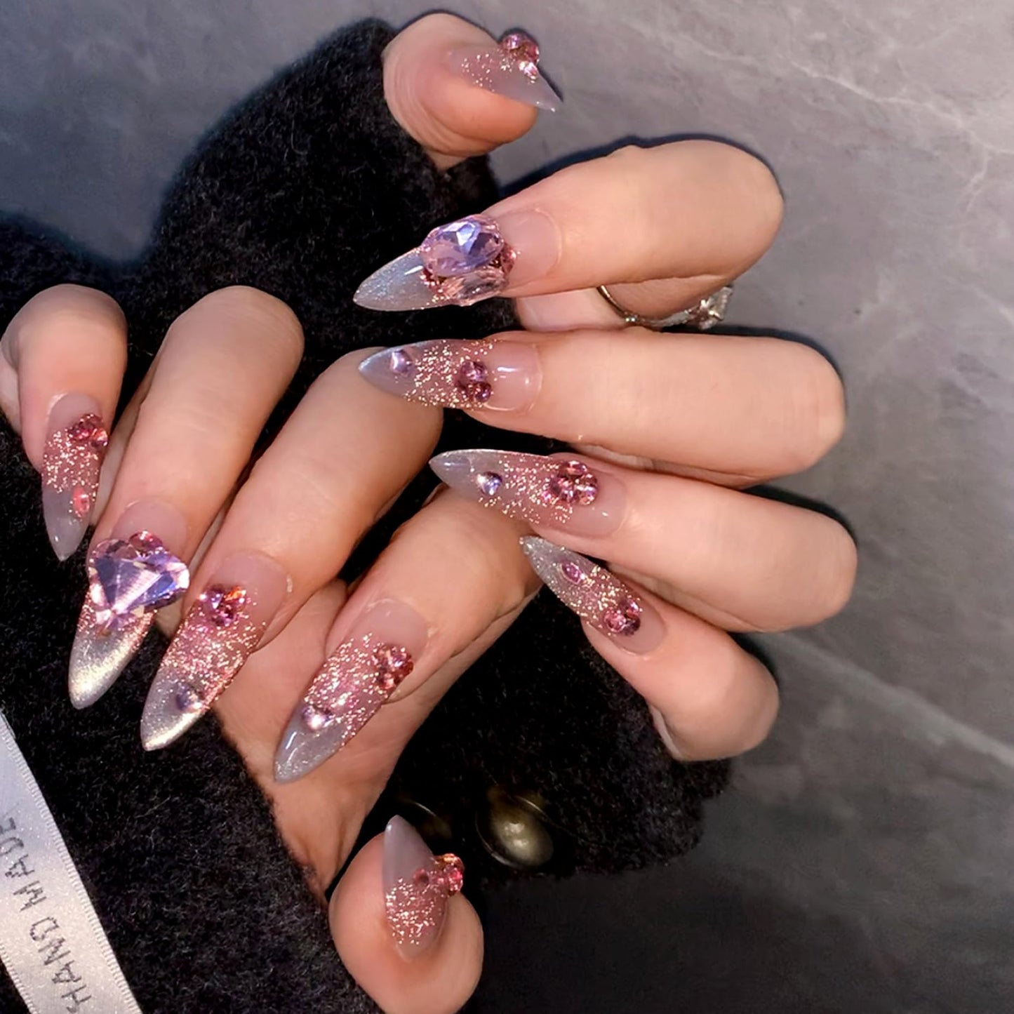 WOMHOPE Press on Nails Handmade Full Cover False Nails with Rhinestone Vintage Flower Aurora Acrylic Nails for Women and Girls 10pcs/Box Long Almond,Coffin (Pink cat's eye, Medium)