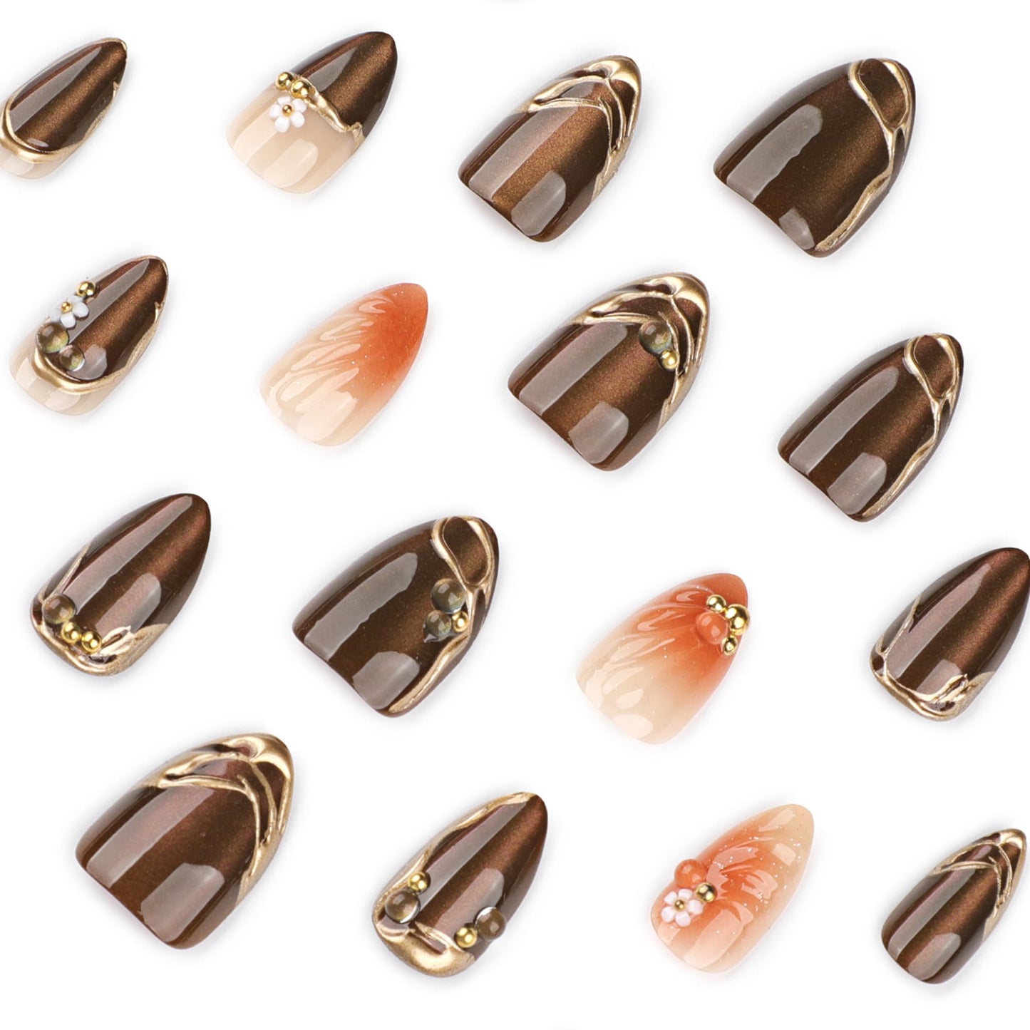 3D Brown Press On Nails, Almond Shape Glossy Fake Nails with Metallic Lines & Floral Design, Elegant On Nails for Women, 24 Pcs Nail Kit