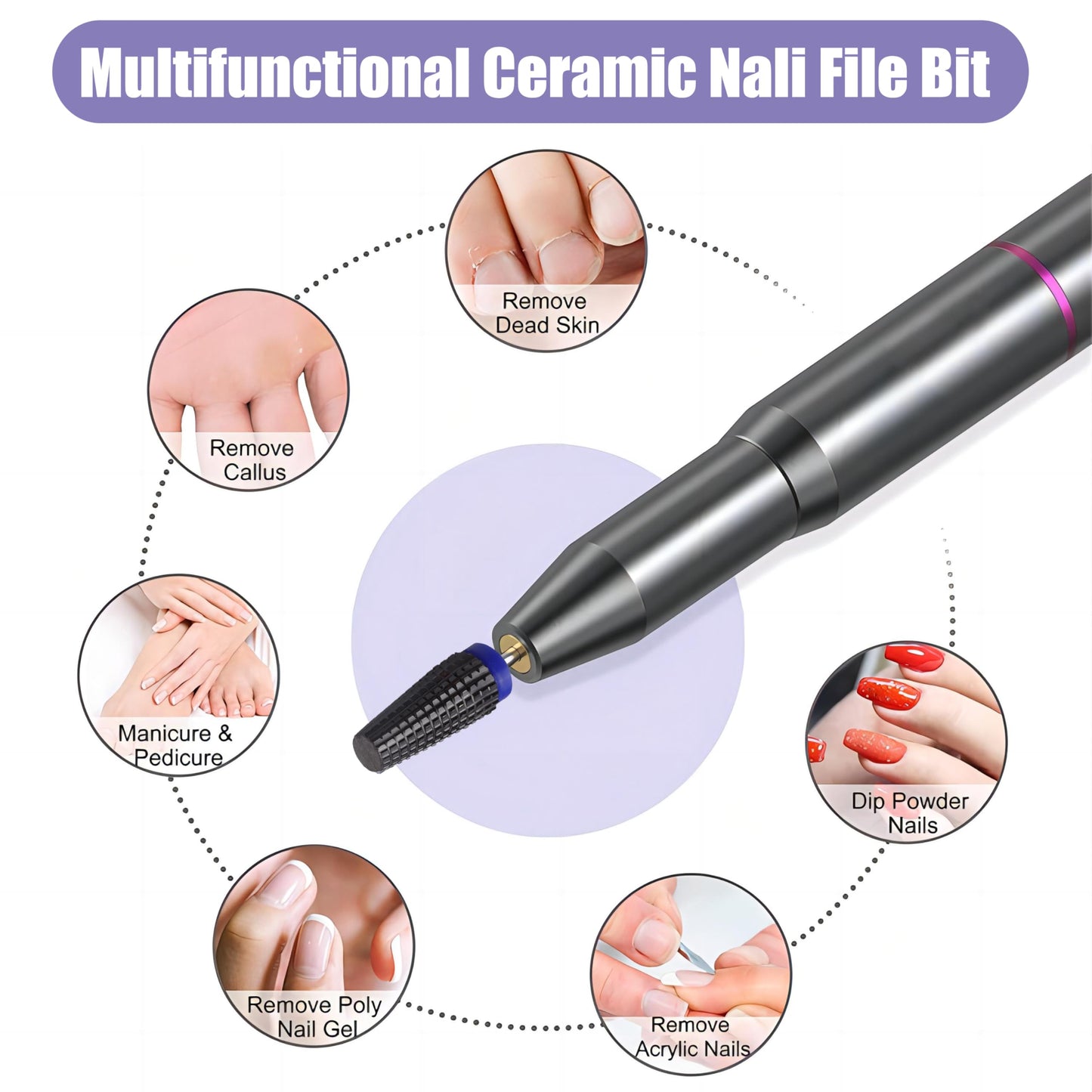 Yakamoz 5Pcs Ceramic Nail Drill Bit Set - 3/32" Professional Electric Nail File Bit Kit Cuticle Nail Bits for Acrylic Nails Poly Gel Removal, Manicure Nail Salon Supplies, Two-Way Rotation