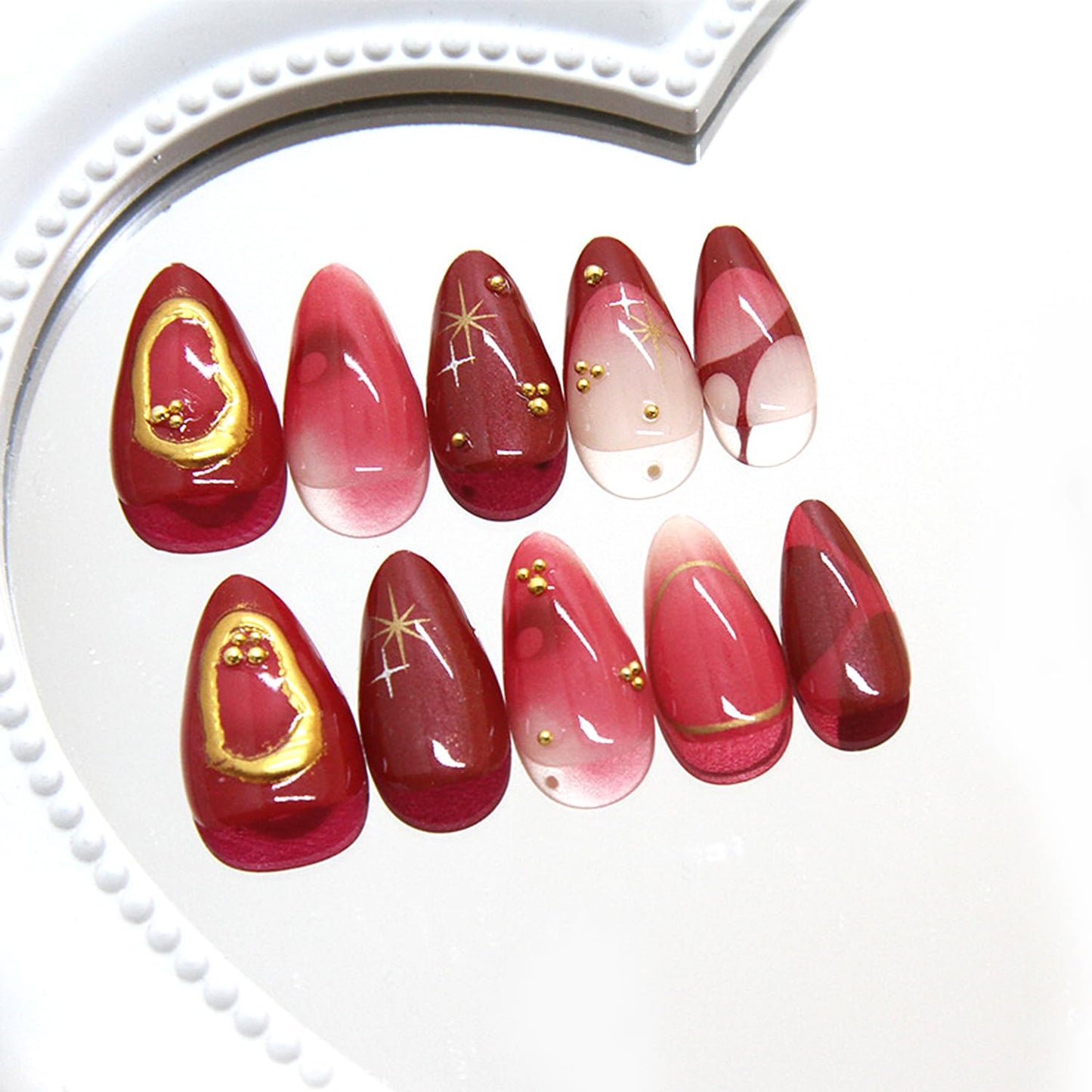 30pcs Deep Red Press on Nails Medium Almond French Fake Nails Stick on Nails Full Cover Artificial Glue on Nails Beautiful Fake nails Kit,Wine Red Nude Color Nail Art, Suitable for Women DIY Manicure