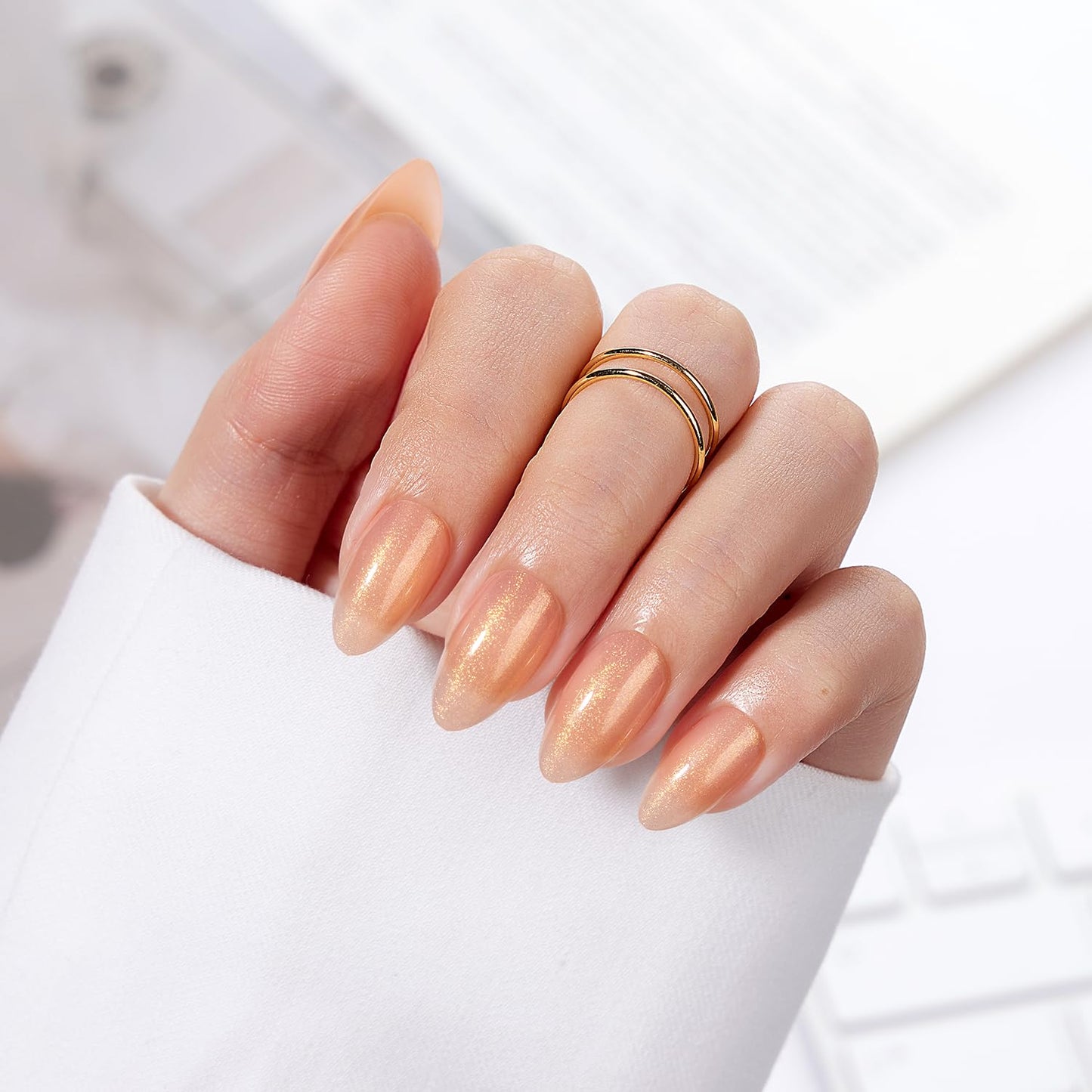 VSALON Almond Short Press On Nails, Summer Apricot Gold Glitter Shimmer Light Curable False Nails, Reusable Salon Quality Fake Nails Kit, 32 pcs Stick on Nails in 16 Sizes with Glues & Adhesive Tabs