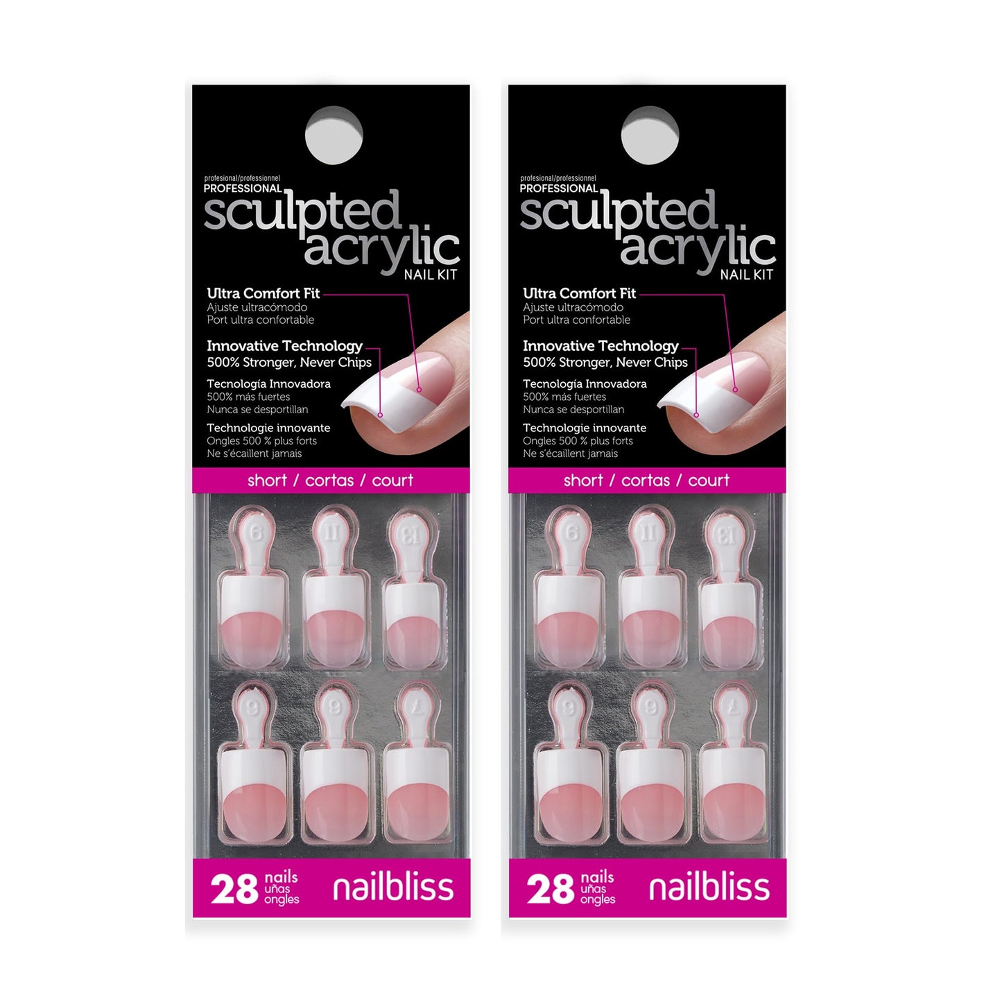 Dashing Diva Sculpted Acrylic French Tip Manicure Bundle - Classic Pink, Short Square - Salon Quality, Easy to Apply, Long-Lasting Press-On Nails - Contains 2 Sets of 28 Glue On Nails