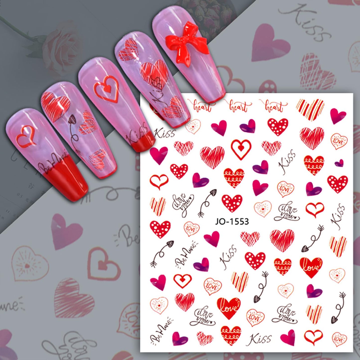 12 Sheets Valentine's Day Nail Sticker for Nails Art 3D Embossed Self-Adhesive Pink Red Love Heart Lips Valentine's Day Nail Decal Design Supplies for Women DIY Manicure Art Decoration YX1241