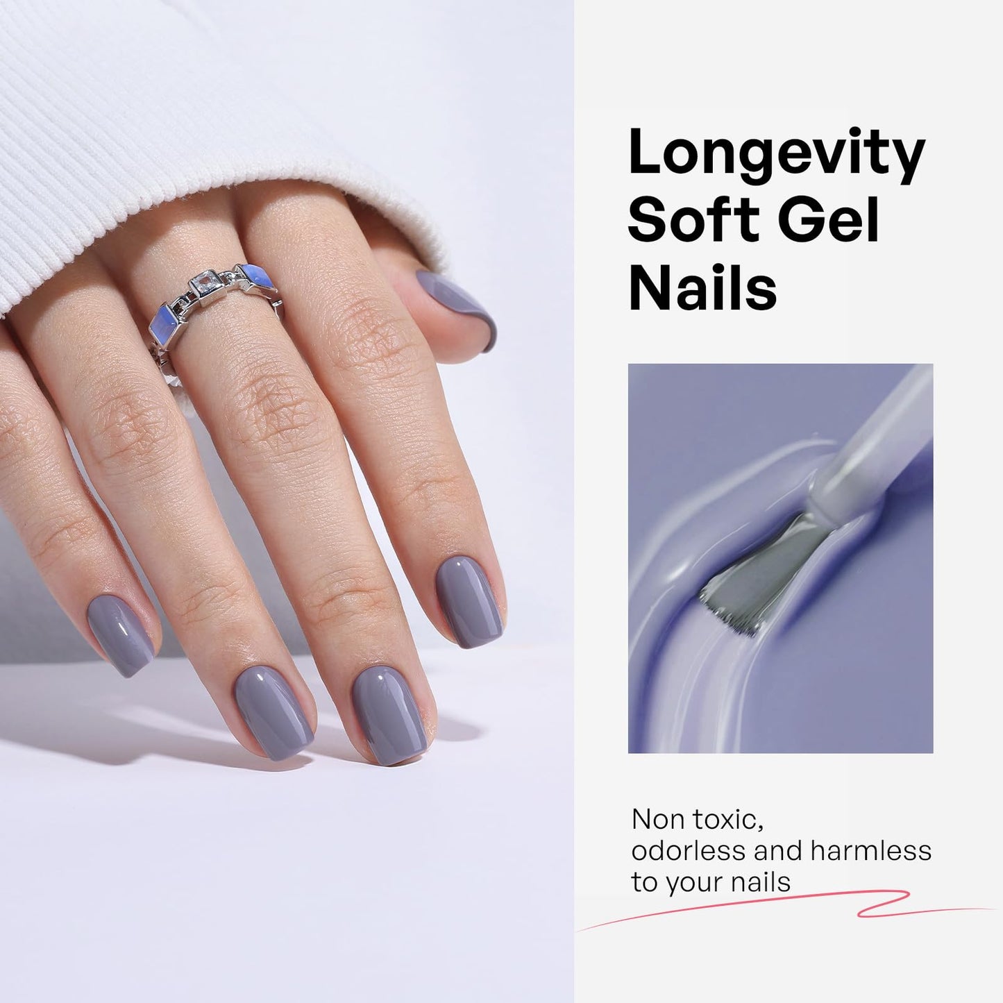Cool Lavender Grey Press On Nails Square - GJZEZ Soft Gel Lilac Orchid Color Glossy Nail Press Ons Medium Fake Nail, Opaque Reusable Stick On Nail, 16 Sizes - 32Pcs, Glue On Nails, Fog Purple