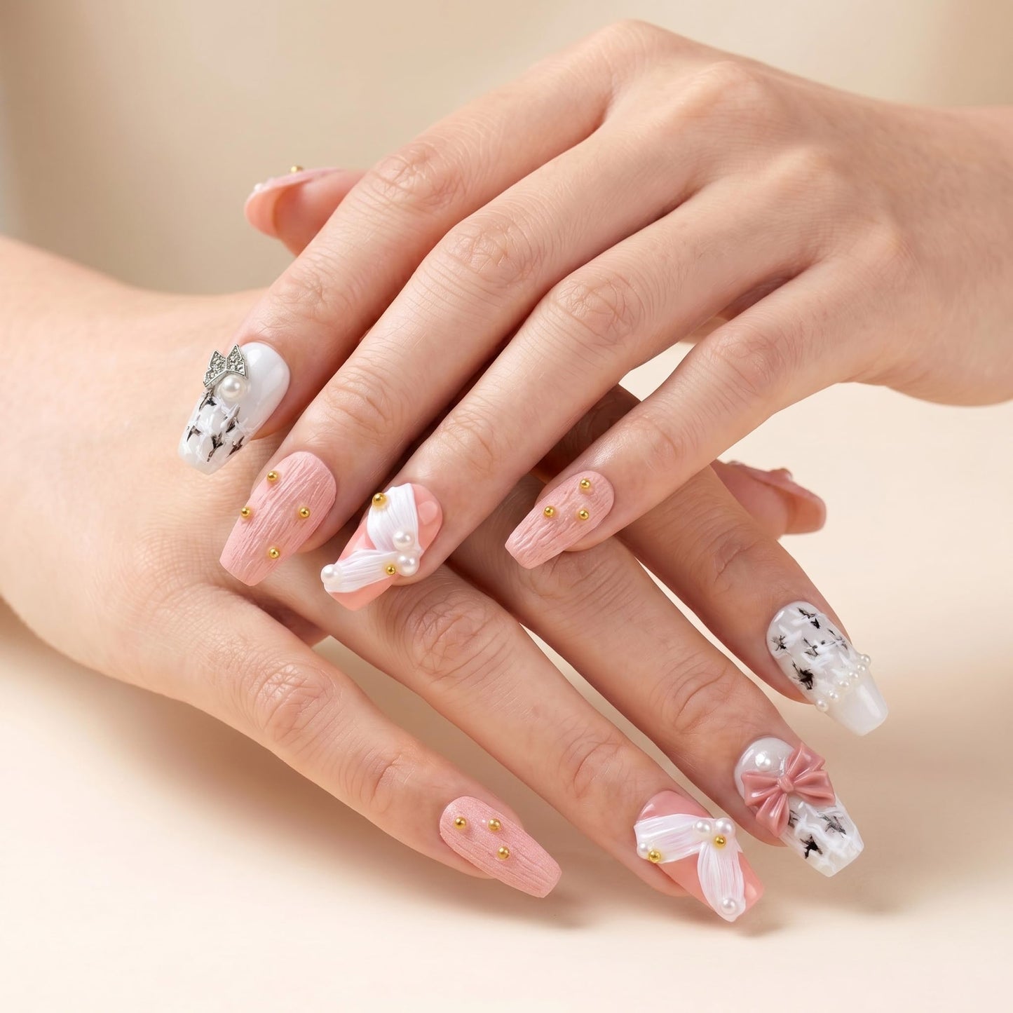 Sun&Beam Nails Handmade Short Medium Coffin Ballerina Pink False Nail Tips with Cute 3D Pearl Ribbon Popular Charm Design Press On Nails 10 Pcs (#50 M)