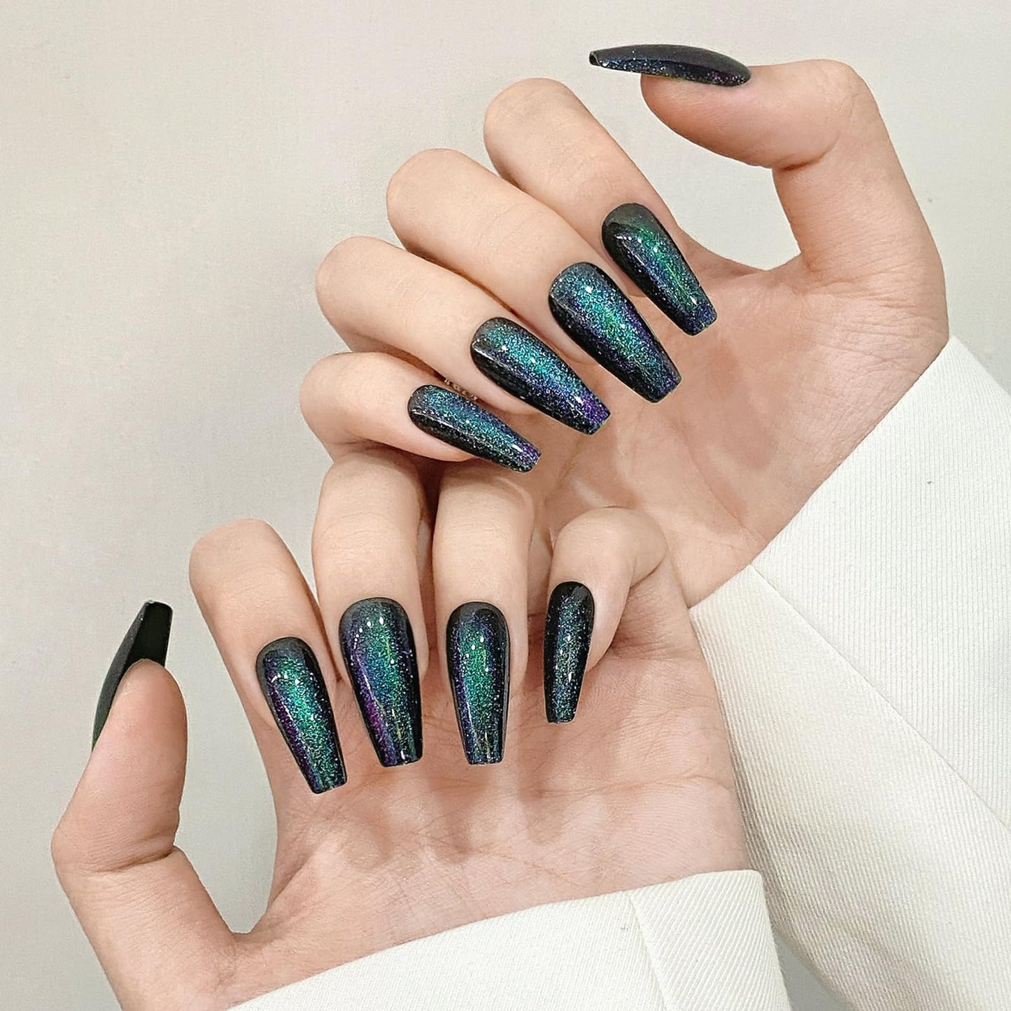 Cat Eyes Press On Nails,12 Sizes - 24 Pcs Soft Gel Dark Green Medium Coffin Fake Nails Kit with Nail Glue, Natural Reusable Stick On False Nails for Women and Girls (Skycloud Dark Green Nails) SK0821